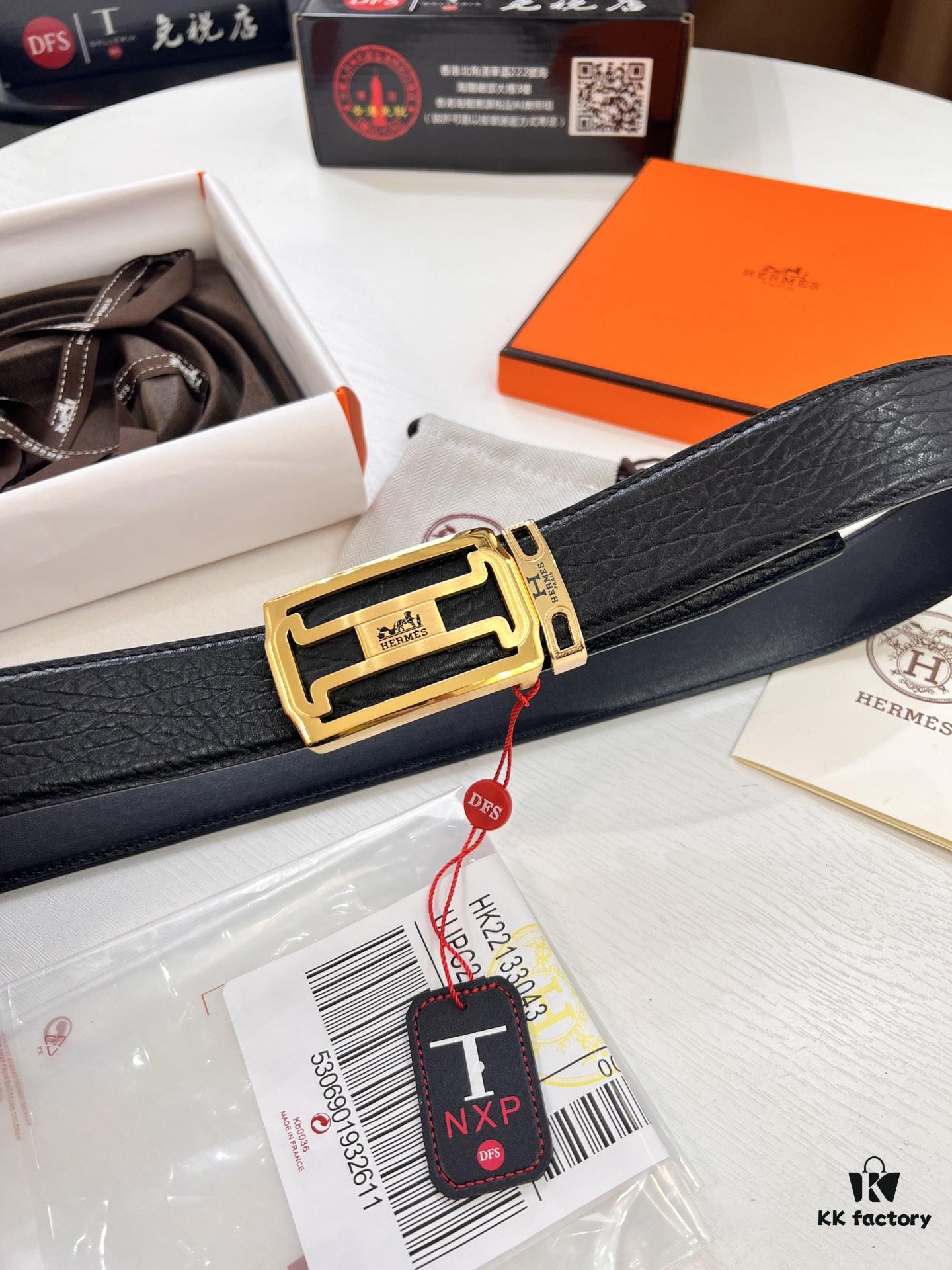 Arrival of Men's Hermès Belt with New H-Inner Buckle, Double-Sided Use, Genuine Imported Elephant-Grain Full-Grain Leather, 3.8cm Width, Top Quality with NXP Chip Anti-Counterfeit Packaging
