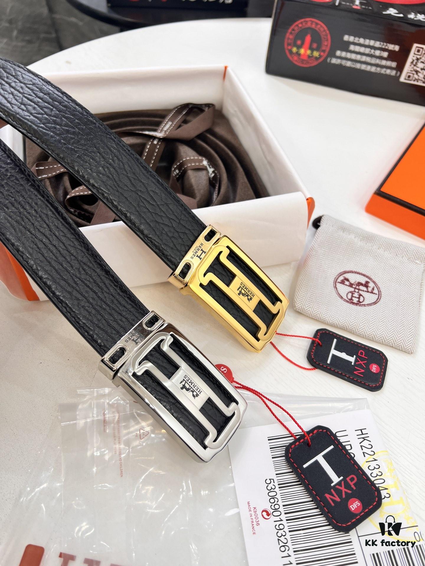 Arrival of Men's Hermès Belt with New H-Inner Buckle, Double-Sided Use, Genuine Imported Elephant-Grain Full-Grain Leather, 3.8cm Width, Top Quality with NXP Chip Anti-Counterfeit Packaging