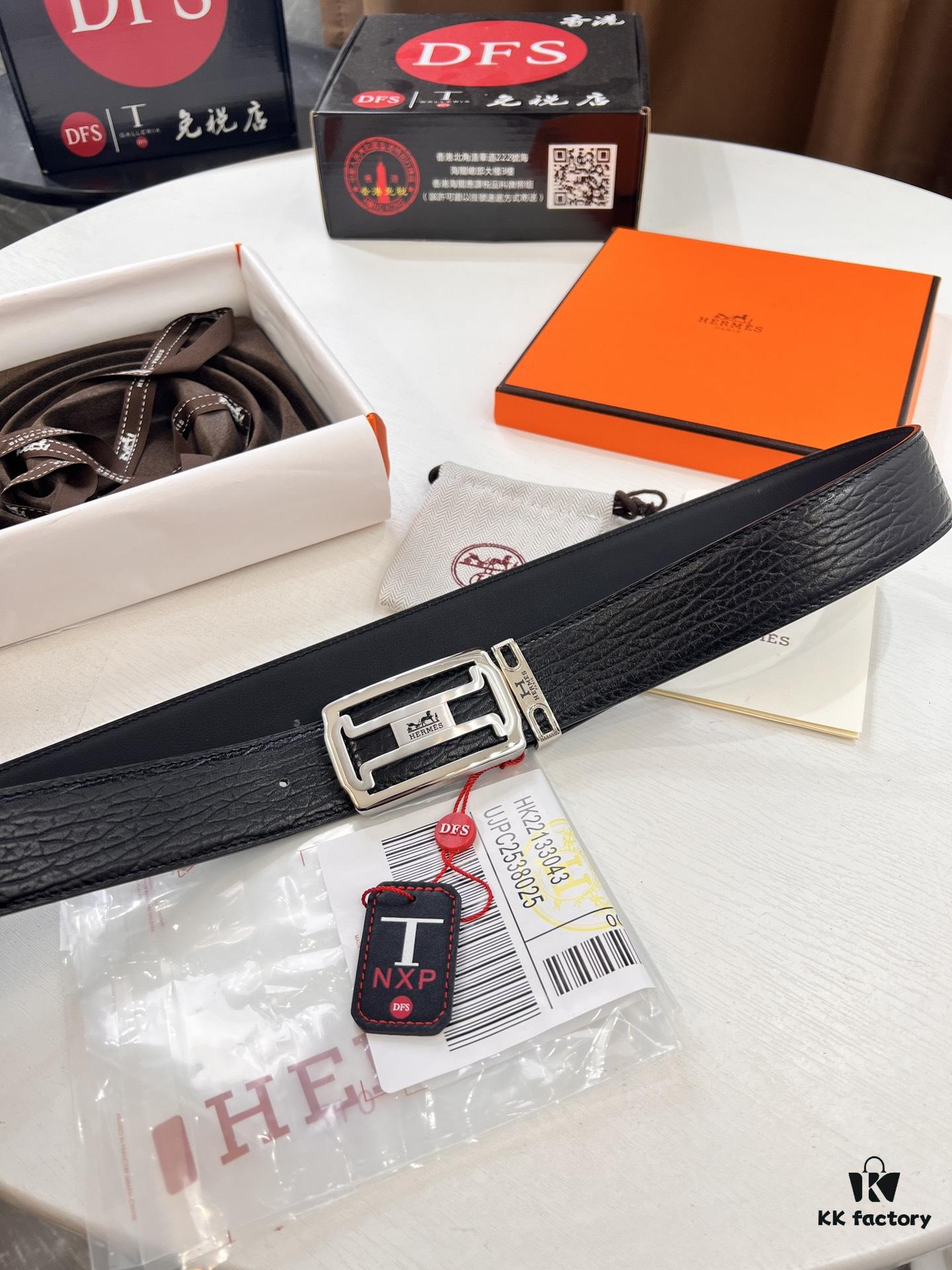 Arrival of Men's Hermès Belt with New H-Style Inner Buckle, Dual-Sided Use, Imported Embossed Elephant Grain Full-Grain Leather, 3.8cm Width, Top Quality with NXP Chip Anti-Counterfeit Packaging