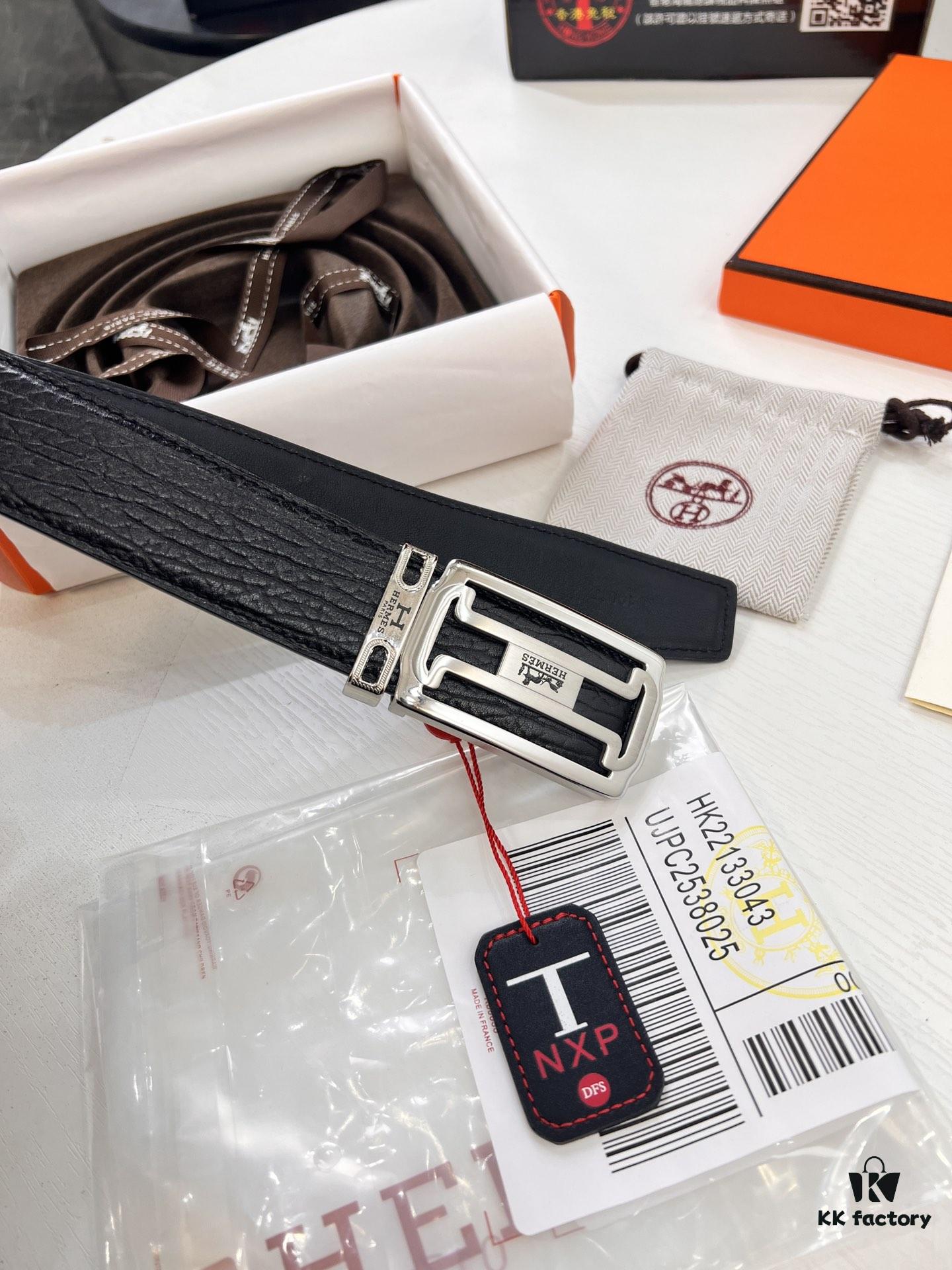 Arrival of Men's Hermès Belt with New H-Style Inner Buckle, Dual-Sided Use, Imported Embossed Elephant Grain Full-Grain Leather, 3.8cm Width, Top Quality with NXP Chip Anti-Counterfeit Packaging