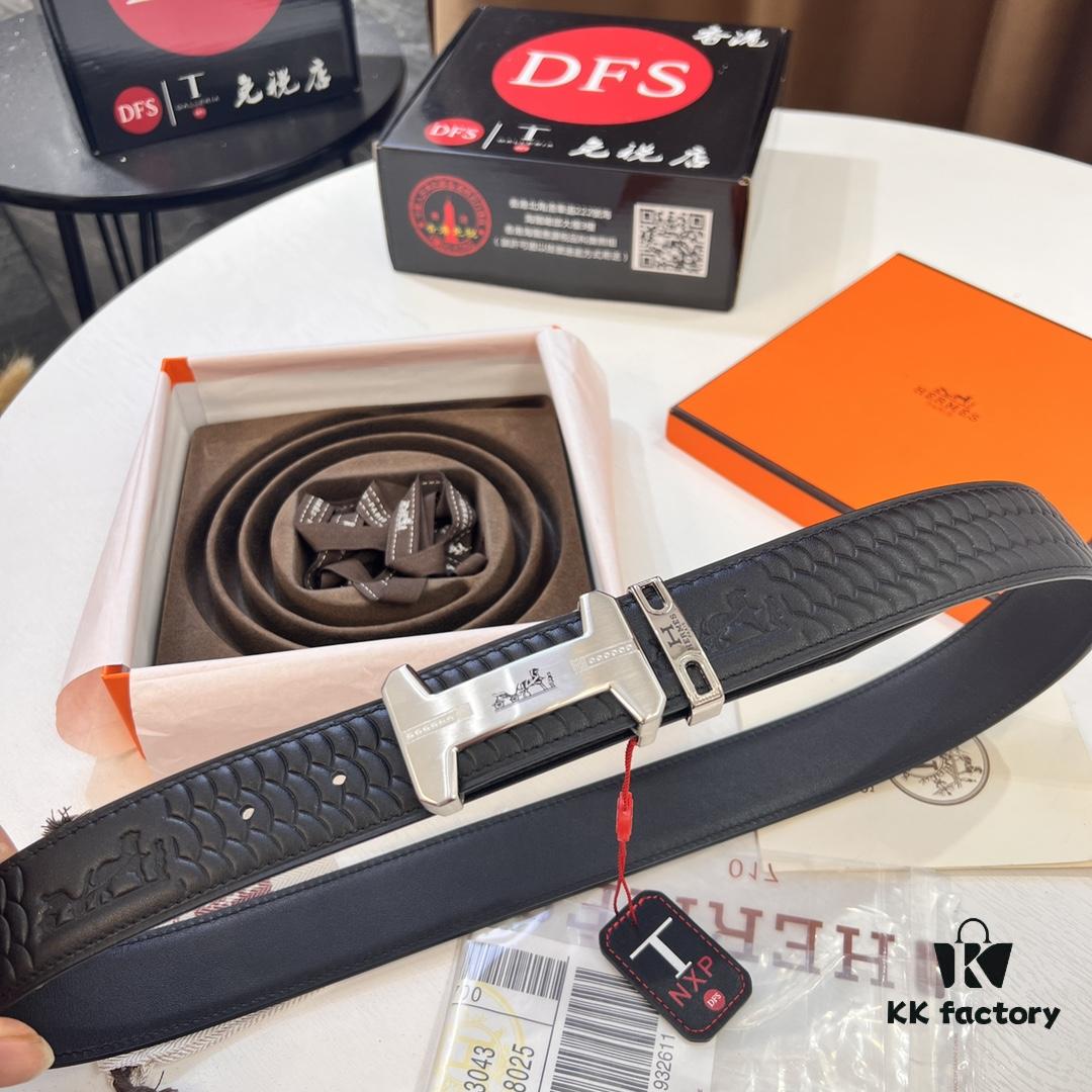 Hermès Men's Belt, Top Grain Calfskin with Engraved Brass Buckle, 3.8cm Width, Adjustable Length, Original Imported Embossed Horse-Drawn Carriage Design, Ideal Gift