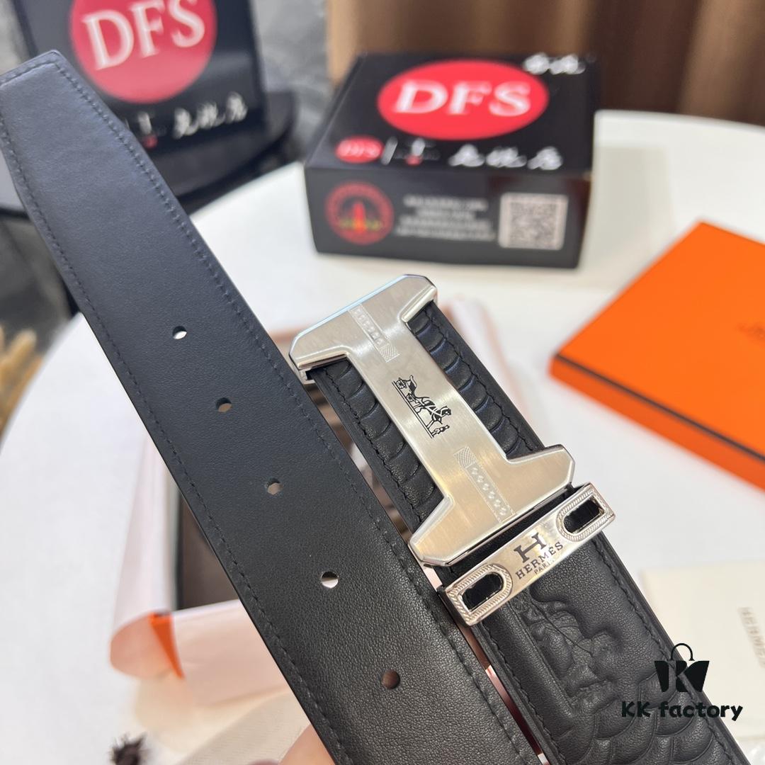 Hermès Men's Belt, Top Grain Calfskin with Engraved Brass Buckle, 3.8cm Width, Adjustable Length, Original Imported Embossed Horse-Drawn Carriage Design, Ideal Gift