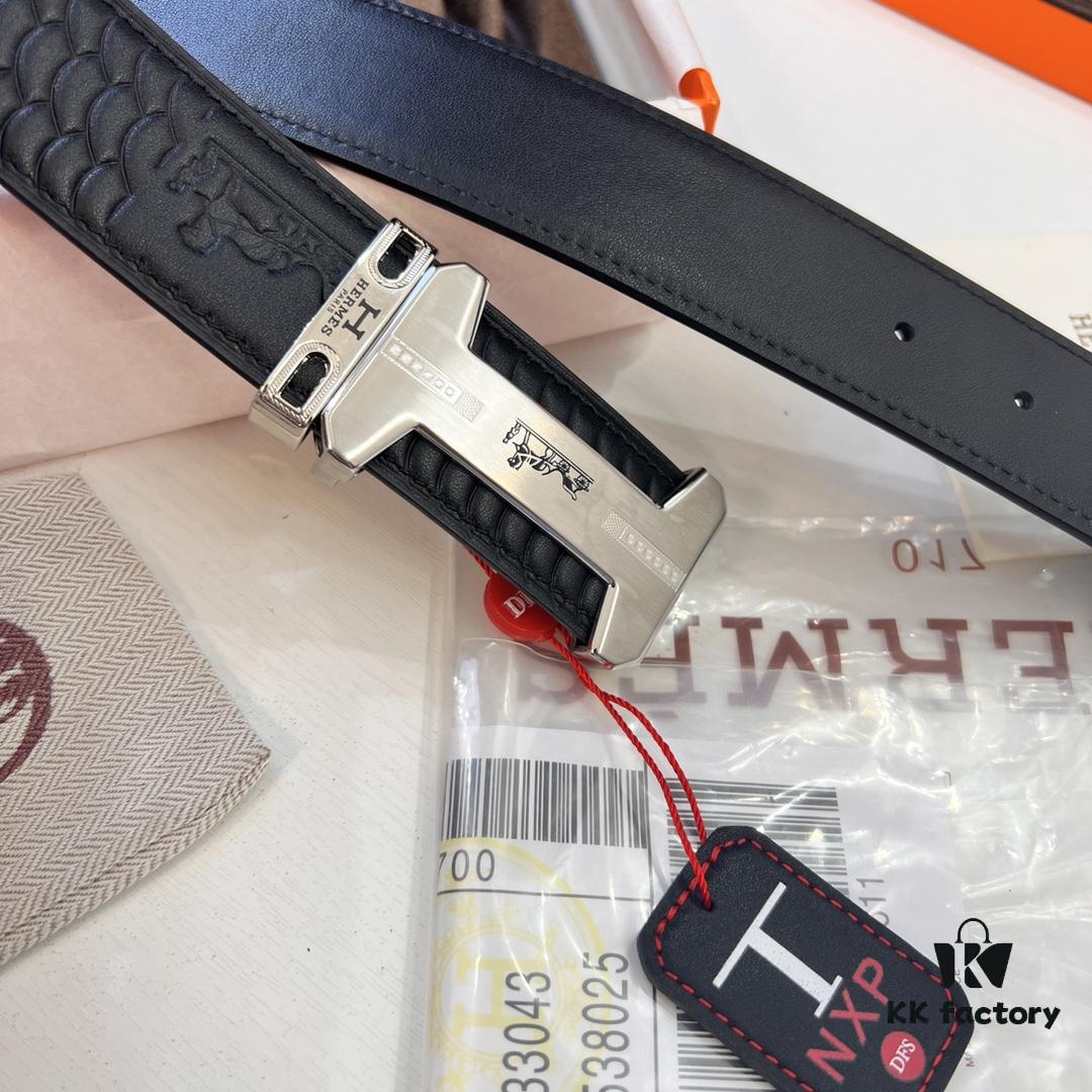 Hermès Men's Belt, Top Grain Calfskin with Engraved Brass Buckle, 3.8cm Width, Adjustable Length, Original Imported Embossed Horse-Drawn Carriage Design, Ideal Gift