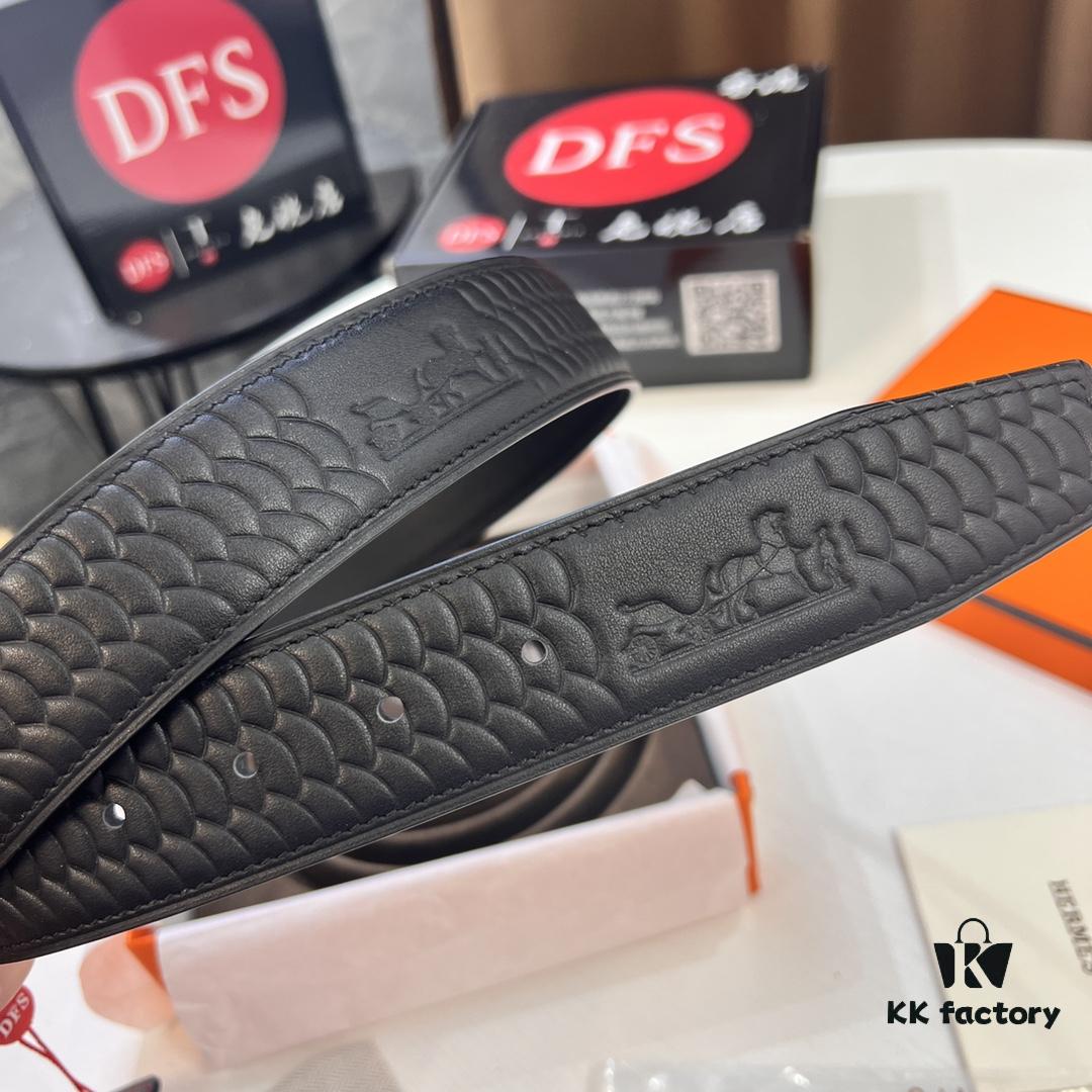 Hermès Men's Belt, Top Grain Calfskin with Engraved Brass Buckle, 3.8cm Width, Adjustable Length, Original Imported Embossed Horse-Drawn Carriage Design, Ideal Gift