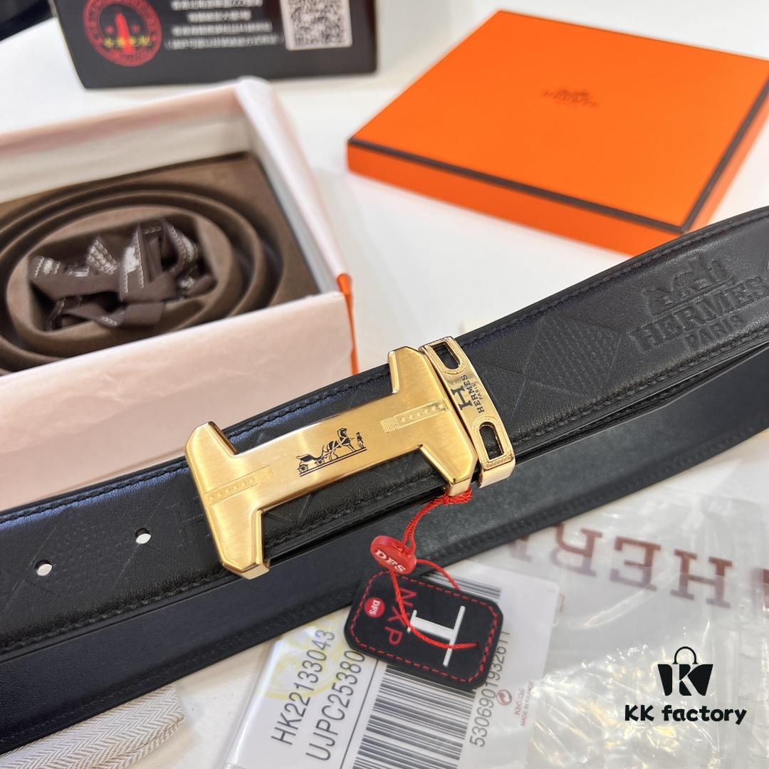 Hermès Men's Belt, Top Grain Cowhide with Engraved H Logo Buckle, 3.8cm Width, Adjustable Length, Genuine Leather Gift Boxed