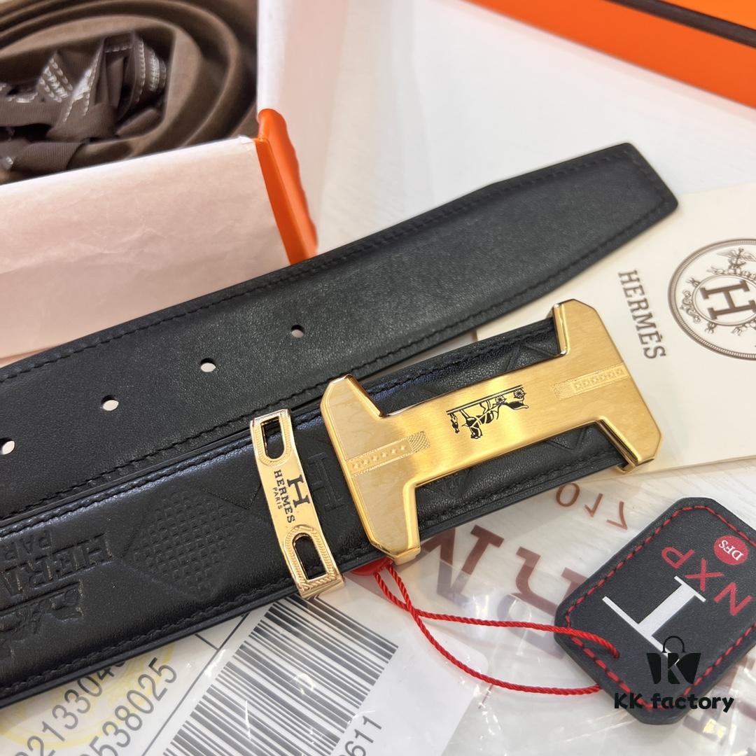 Hermès Men's Belt, Top Grain Cowhide with Engraved H Logo Buckle, 3.8cm Width, Adjustable Length, Genuine Leather Gift Boxed