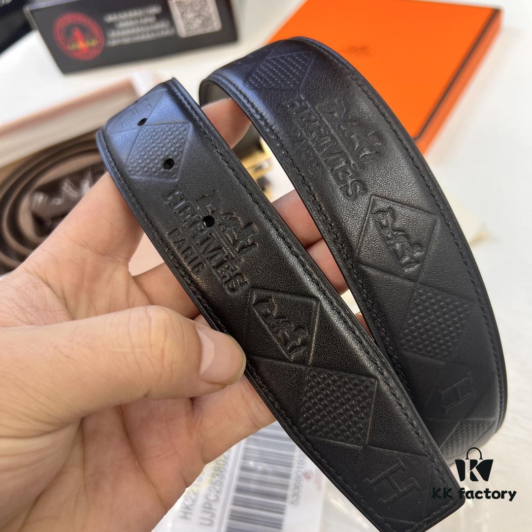 Hermès Men's Belt, Top Grain Cowhide with Engraved H Logo Buckle, 3.8cm Width, Adjustable Length, Genuine Leather Gift Boxed