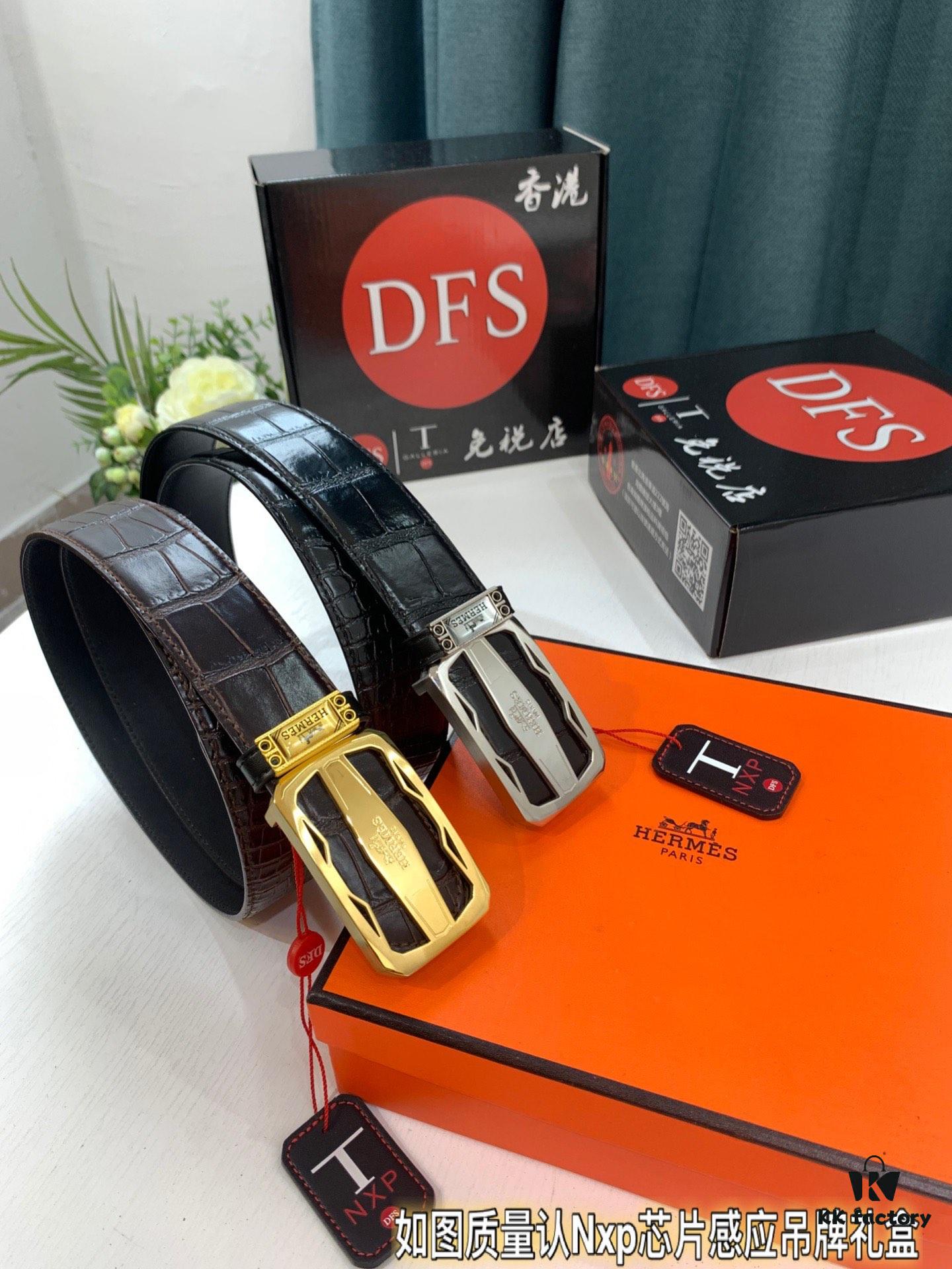 Arrival 🎺🎺 Real Item Shot, Hermes Men's Belt, Letter Inside Buckle, ZP Synchronized Steel Stamp Logo, Imported Crocodile Texture Full-Grain Leather, Soft Touch, Fashion Brand 3.8cm Available on Official Website, Top Quality Supports Authentication, Quality as Shown, Recognize Duty-Free Store Packaging with NXP Chip RFID Entry to Official Website