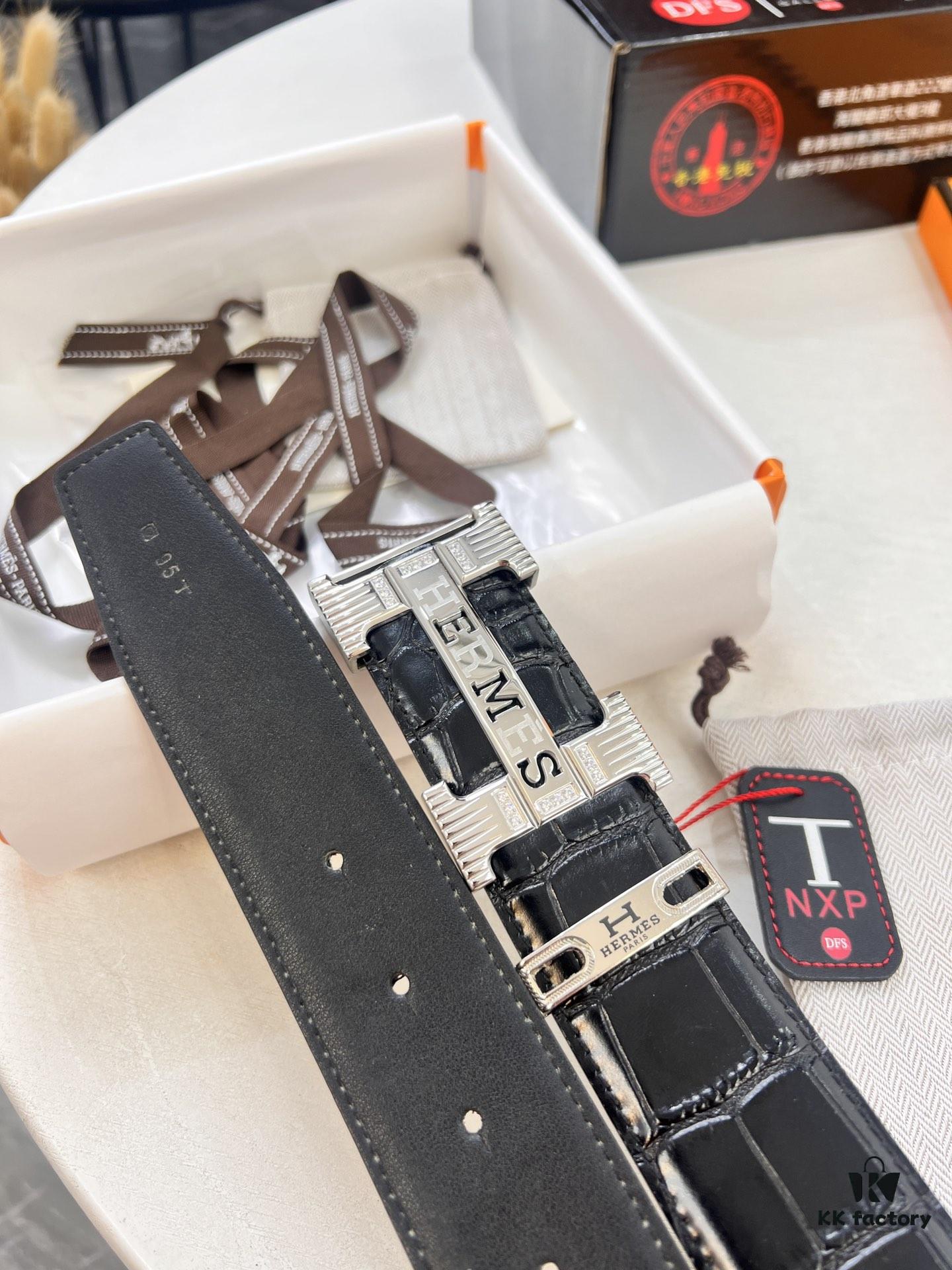 Hermès H Belt, New Arrival, Stainless Steel H Buckle with Paved Stones, ZP Synchronized Engraved Logo, Imported Crocodile-Texture Top Layer Calfskin