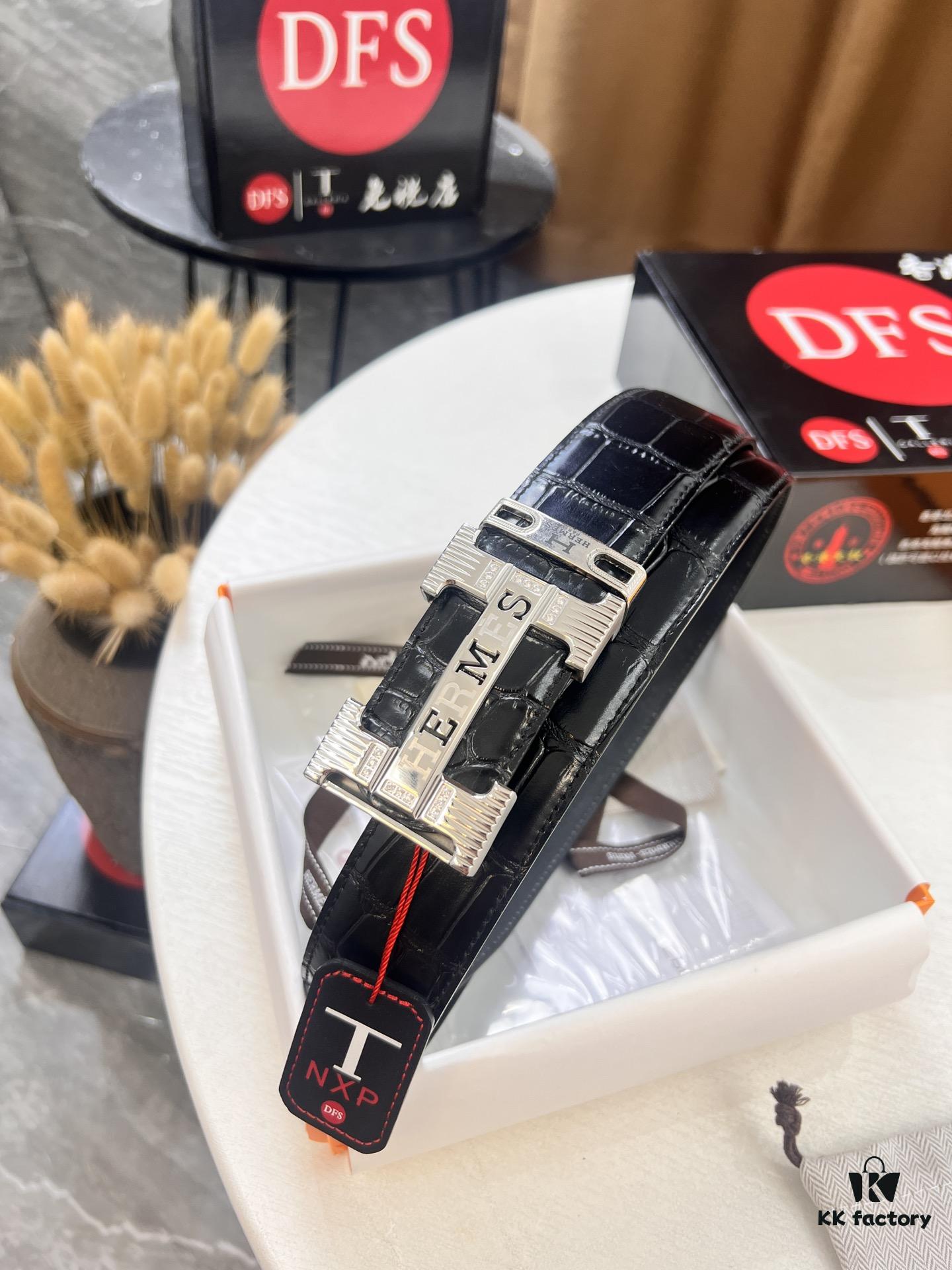 Hermès H Belt, New Arrival, Stainless Steel H Buckle with Paved Stones, ZP Synchronized Engraved Logo, Imported Crocodile-Texture Top Layer Calfskin