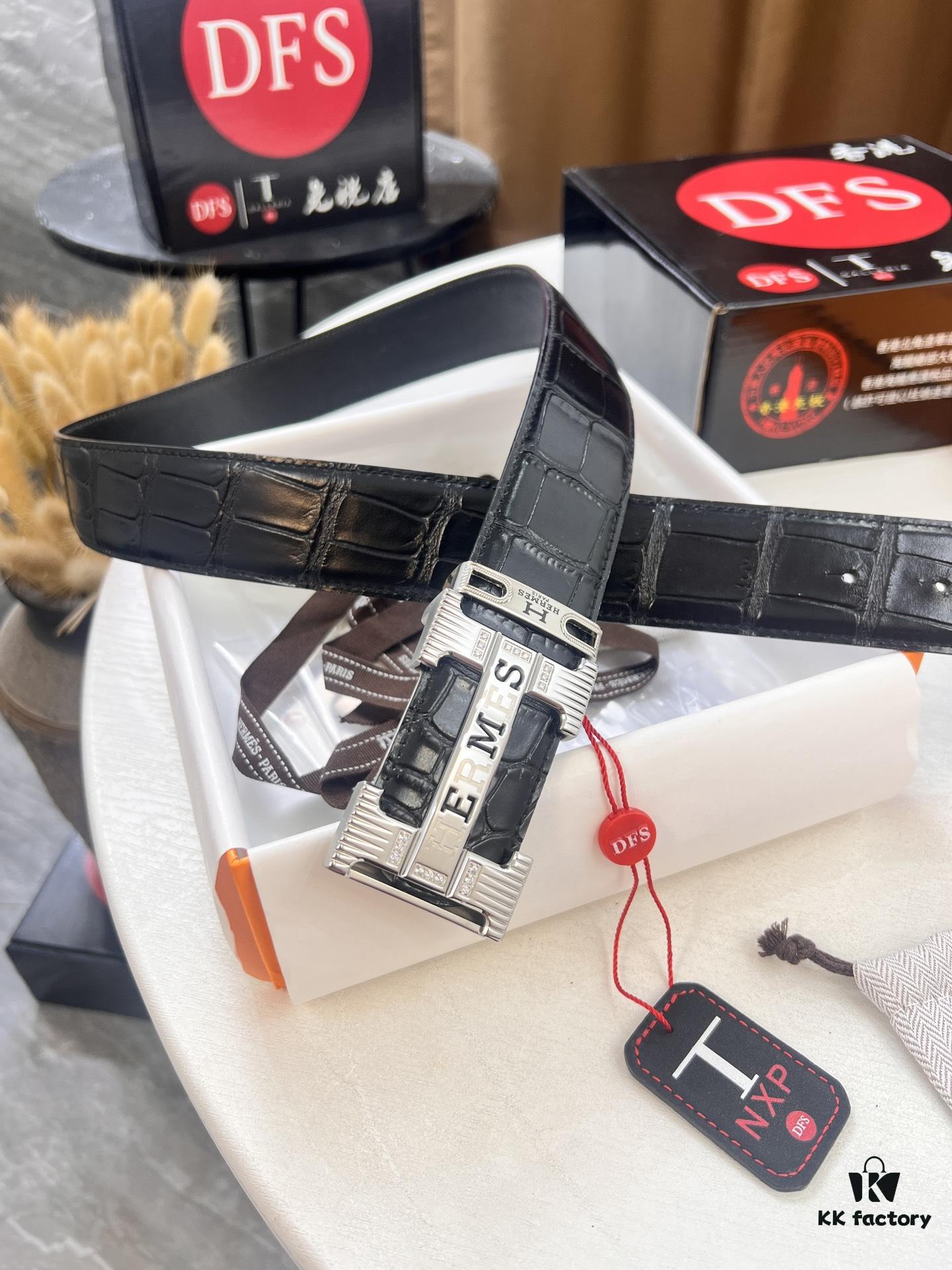 Hermès H Belt, New Arrival, Stainless Steel H Buckle with Paved Stones, ZP Synchronized Engraved Logo, Imported Crocodile-Texture Top Layer Calfskin