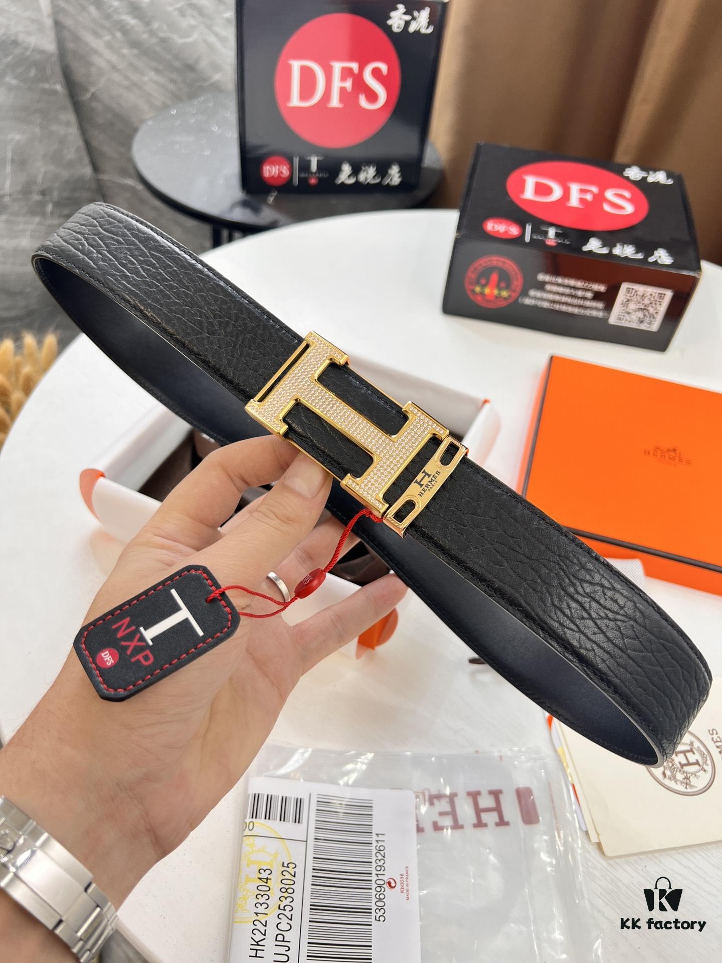 Hermès Men's Belt, New Style Full Diamond H Letter Inside Buckle, Double-Sided Use, ZP Synchronized Steel Stamp Logo, Imported Elephant Grain Top Layer Cowhide, 3.8cm Width, High-End Quality