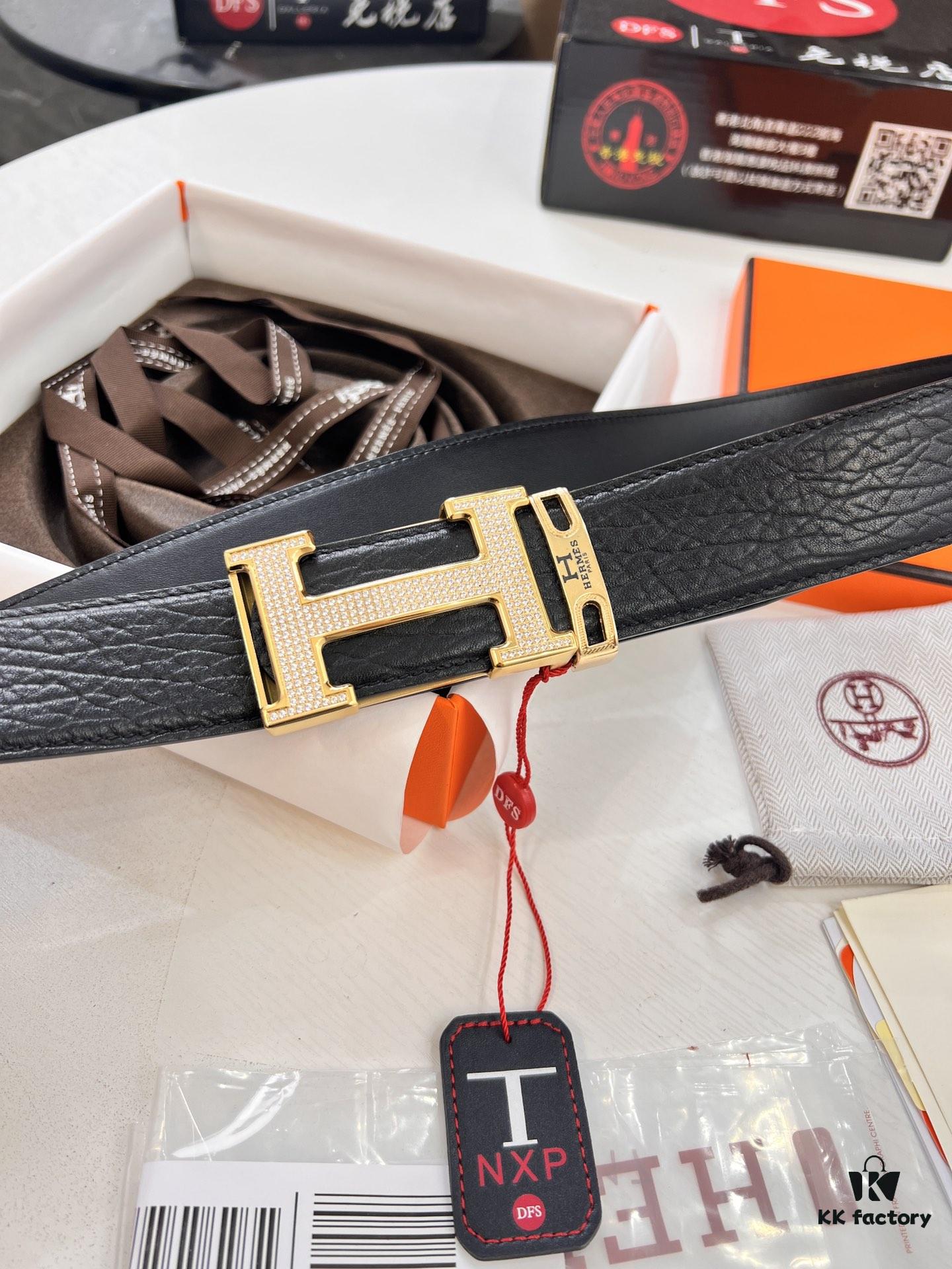Hermès Men's Belt, New Style Full Diamond H Letter Inside Buckle, Double-Sided Use, ZP Synchronized Steel Stamp Logo, Imported Elephant Grain Top Layer Cowhide, 3.8cm Width, High-End Quality