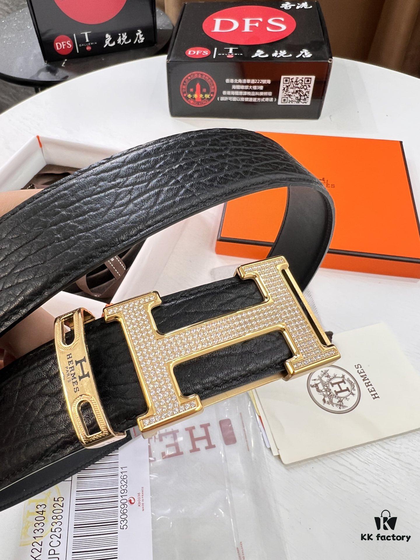 Hermès Men's Belt, New Style Full Diamond H Letter Inside Buckle, Double-Sided Use, ZP Synchronized Steel Stamp Logo, Imported Elephant Grain Top Layer Cowhide, 3.8cm Width, High-End Quality