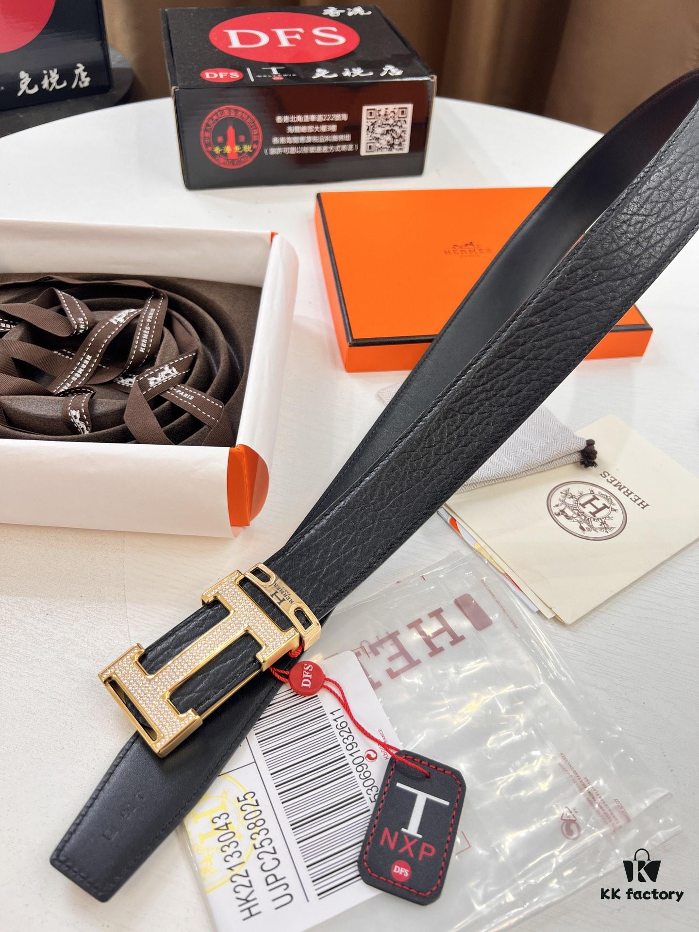 Hermès Men's Belt, New Style Full Diamond H Letter Inside Buckle, Double-Sided Use, ZP Synchronized Steel Stamp Logo, Imported Elephant Grain Top Layer Cowhide, 3.8cm Width, High-End Quality