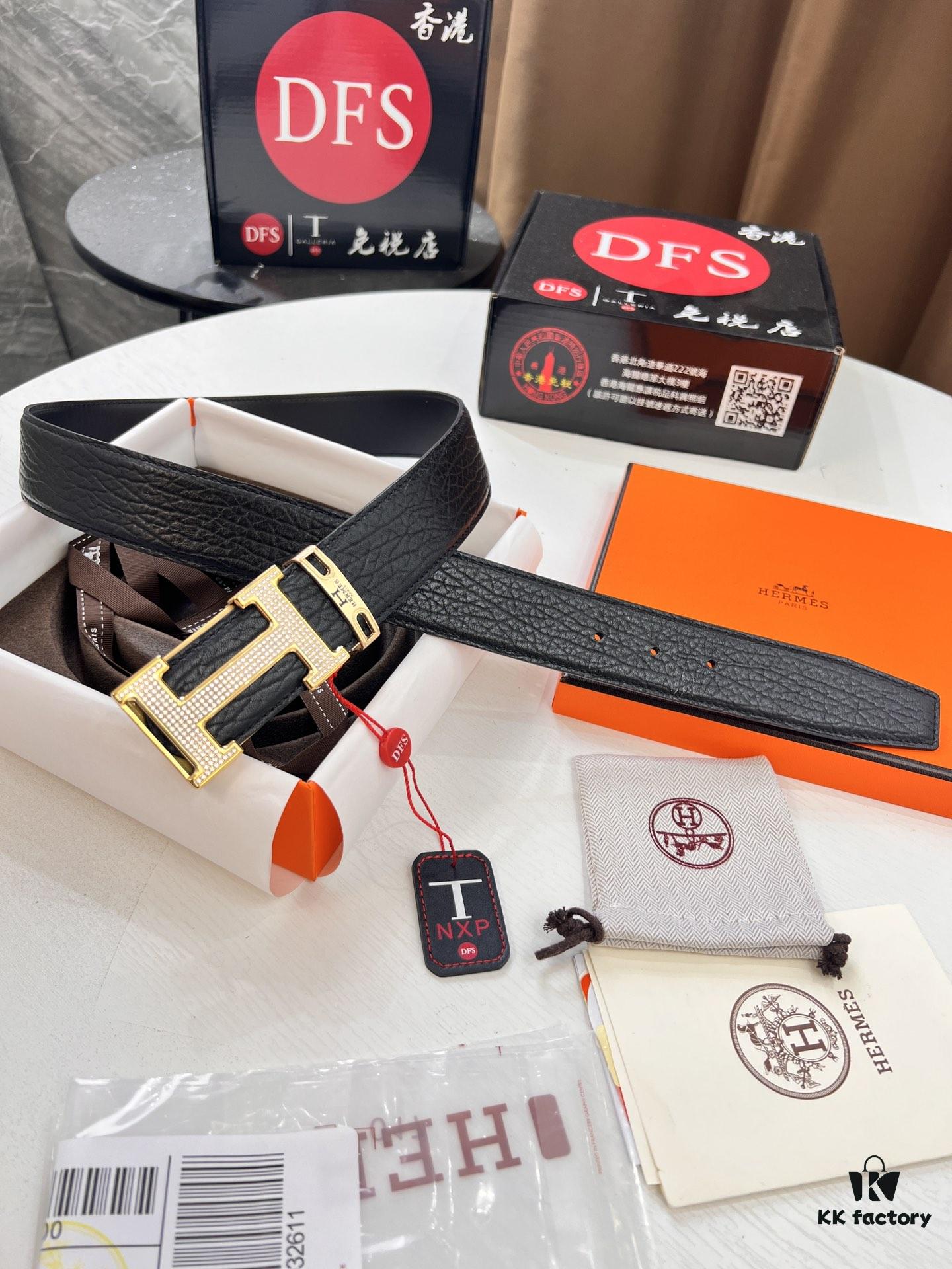 Hermès Men's Belt, New Style Full Diamond H Letter Inside Buckle, Double-Sided Use, ZP Synchronized Steel Stamp Logo, Imported Elephant Grain Top Layer Cowhide, 3.8cm Width, High-End Quality