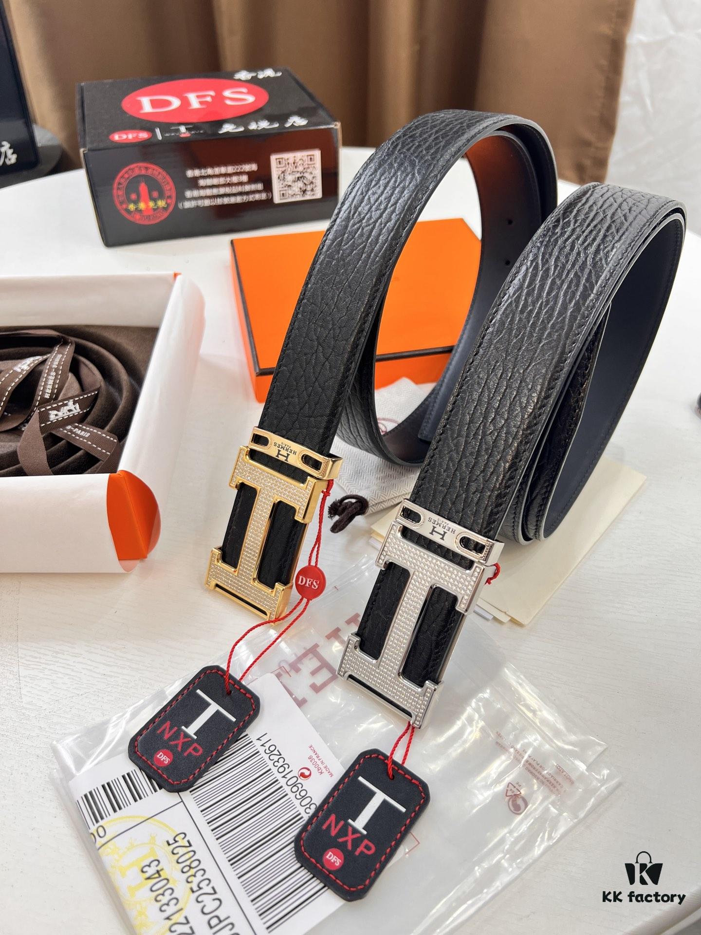 Hermès Men's Belt, New Style Full Diamond H Letter Inside Buckle, Double-Sided Use, ZP Synchronized Steel Stamp Logo, Imported Elephant Grain Top Layer Cowhide, 3.8cm Width, High-End Quality