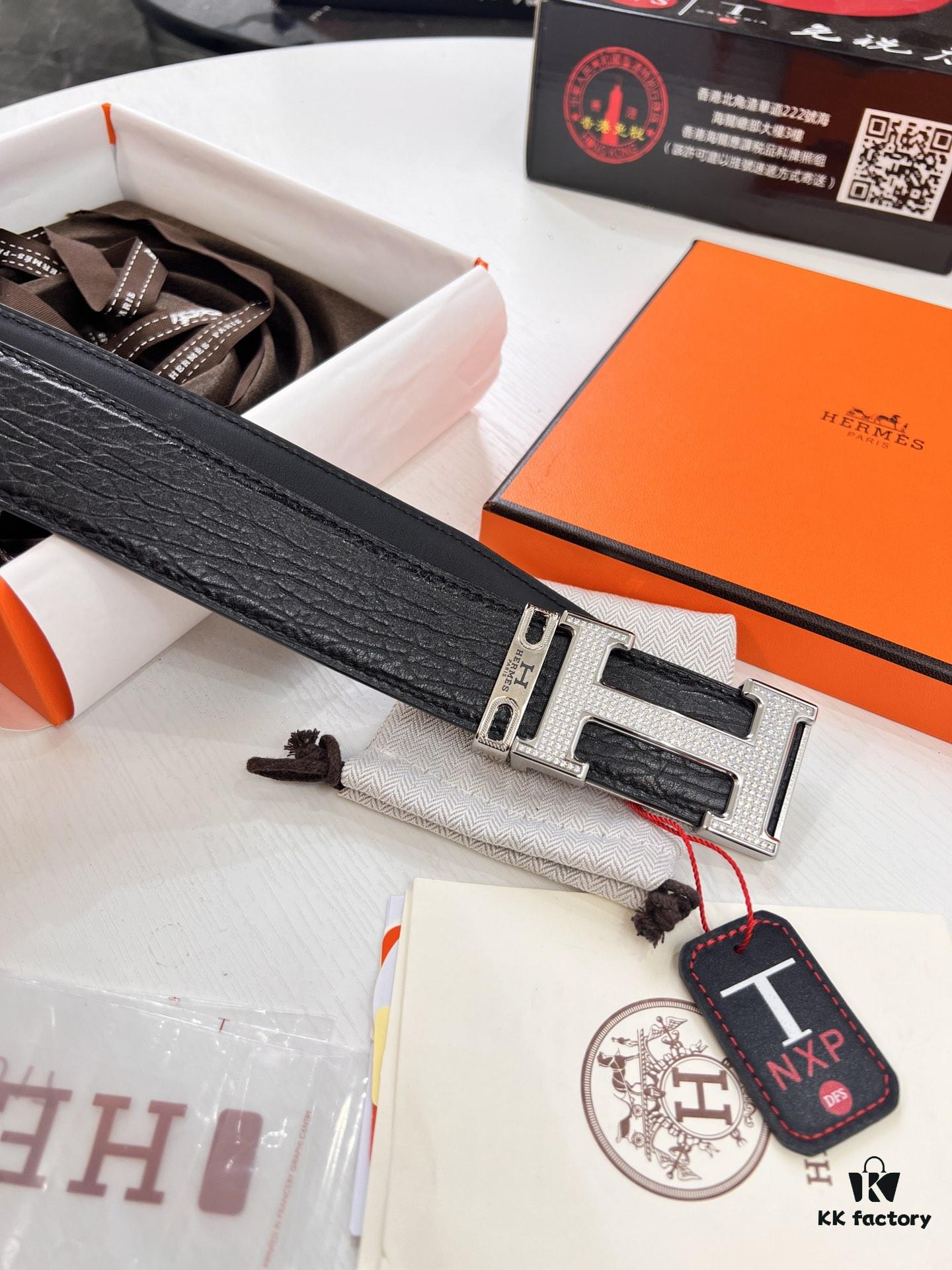 Arrival of Hermès Men's Belt, Full Diamond H Logo Inside Buckle, Double-Sided Use, ZP Synchronized Steel Stamp Logo, Imported Elephant Texture Full-Grain Leather, 3.8cm Wide, Top Quality with NXP Chip Anti-Counterfeit Verification