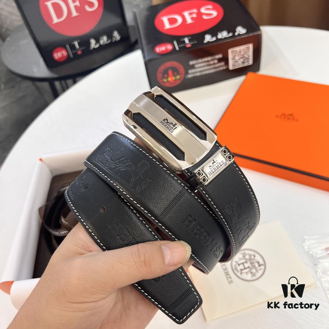 Hermès Men's Belt, Wine Red Fine-Grain Full-Grain Calfskin Leather, 3.8cm Width, Stainless Steel Hardware, Adjustable Length