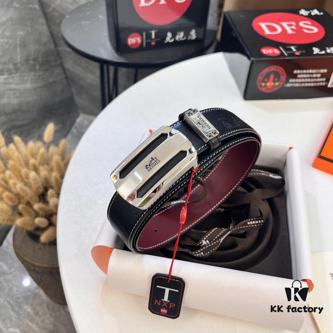 Hermès Men's Belt, Wine Red Fine-Grain Full-Grain Calfskin Leather, 3.8cm Width, Stainless Steel Hardware, Adjustable Length