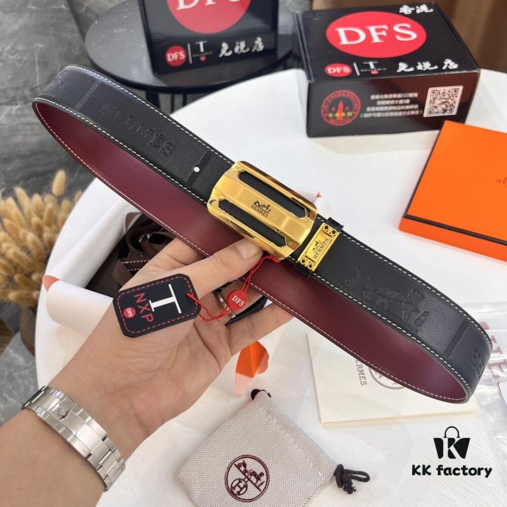 Hermès Men's Belt, Wine Red Fine-Grain Full-Grain Calfskin, 3.8cm Width, Stainless Steel Hardware, Official Website Authenticity Verification Supported