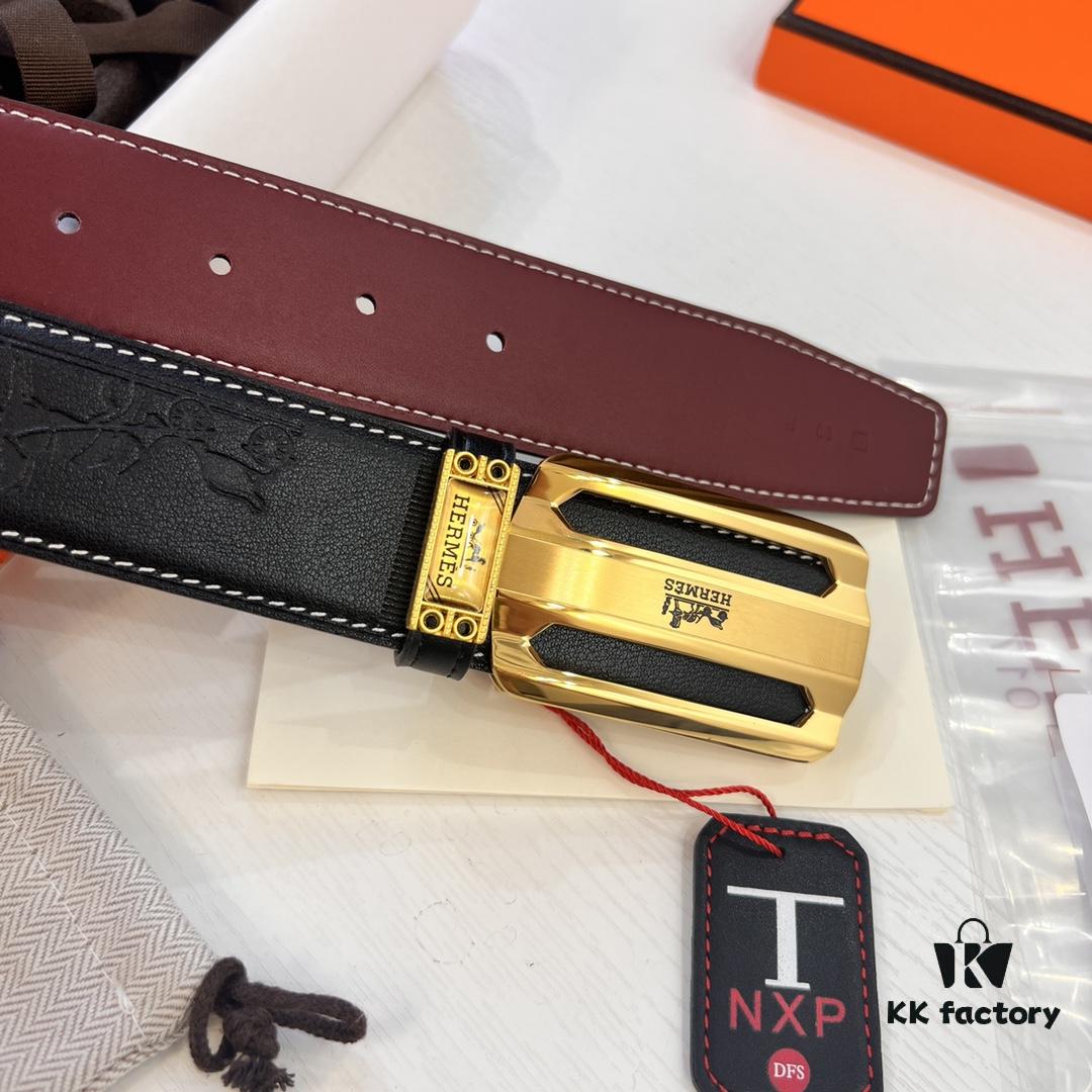 Hermès Men's Belt, Wine Red Fine-Grain Full-Grain Calfskin, 3.8cm Width, Stainless Steel Hardware, Official Website Authenticity Verification Supported