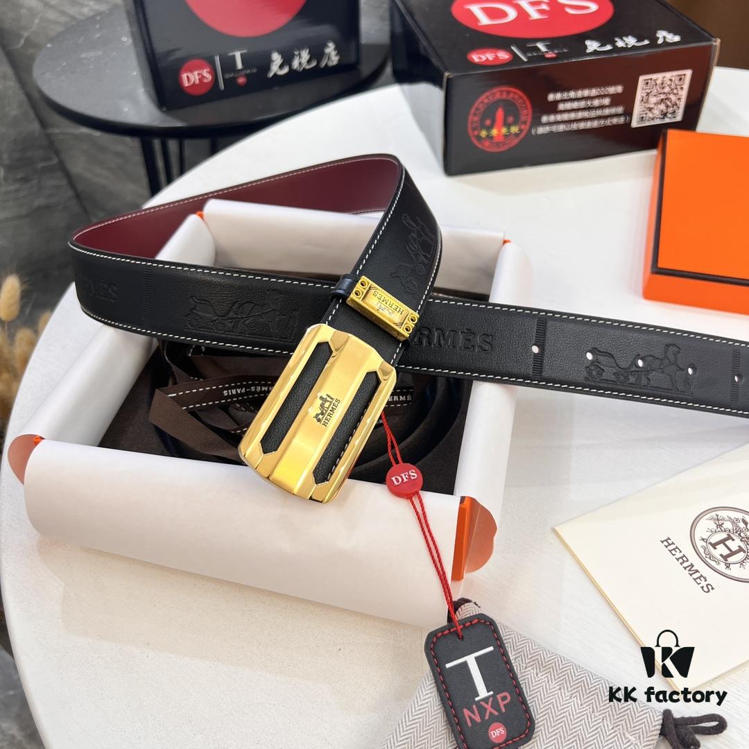 Hermès Men's Belt, Wine Red Fine-Grain Full-Grain Calfskin, 3.8cm Width, Stainless Steel Hardware, Official Website Authenticity Verification Supported