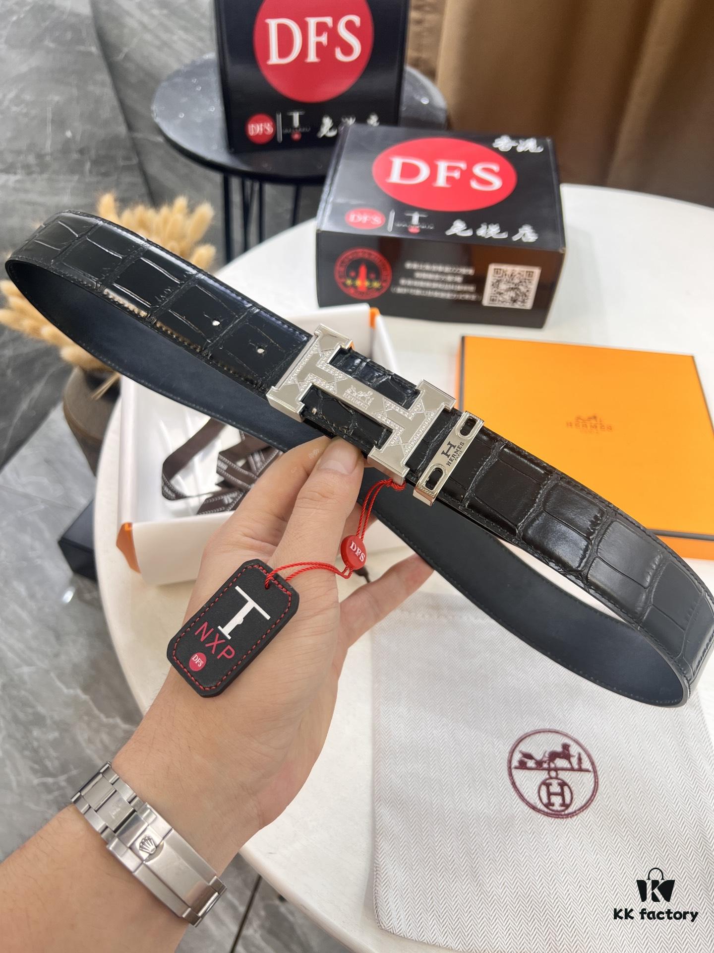 Hermès H Belt, Steel 'H' Buckle with Brick Inlay, Genuine Crocodile-Textured Top-Layer Calfskin, 3.8cm Width, Official Website Version, Includes NXP Anti-Counterfeit Chip