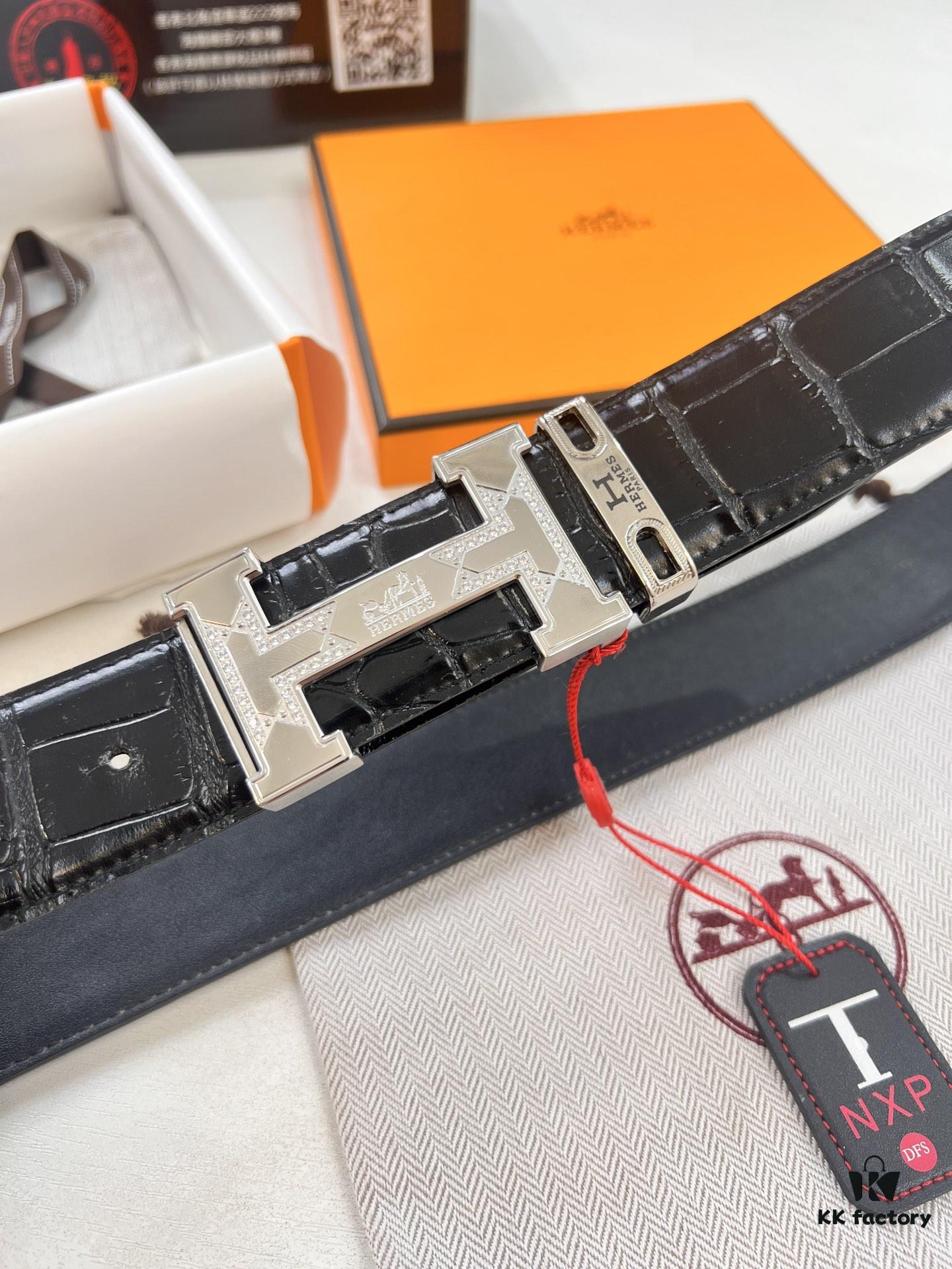 Hermès H Belt, Steel 'H' Buckle with Brick Inlay, Genuine Crocodile-Textured Top-Layer Calfskin, 3.8cm Width, Official Website Version, Includes NXP Anti-Counterfeit Chip