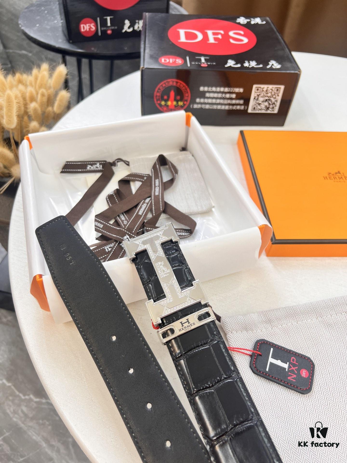 Hermès H Belt, Steel 'H' Buckle with Brick Inlay, Genuine Crocodile-Textured Top-Layer Calfskin, 3.8cm Width, Official Website Version, Includes NXP Anti-Counterfeit Chip