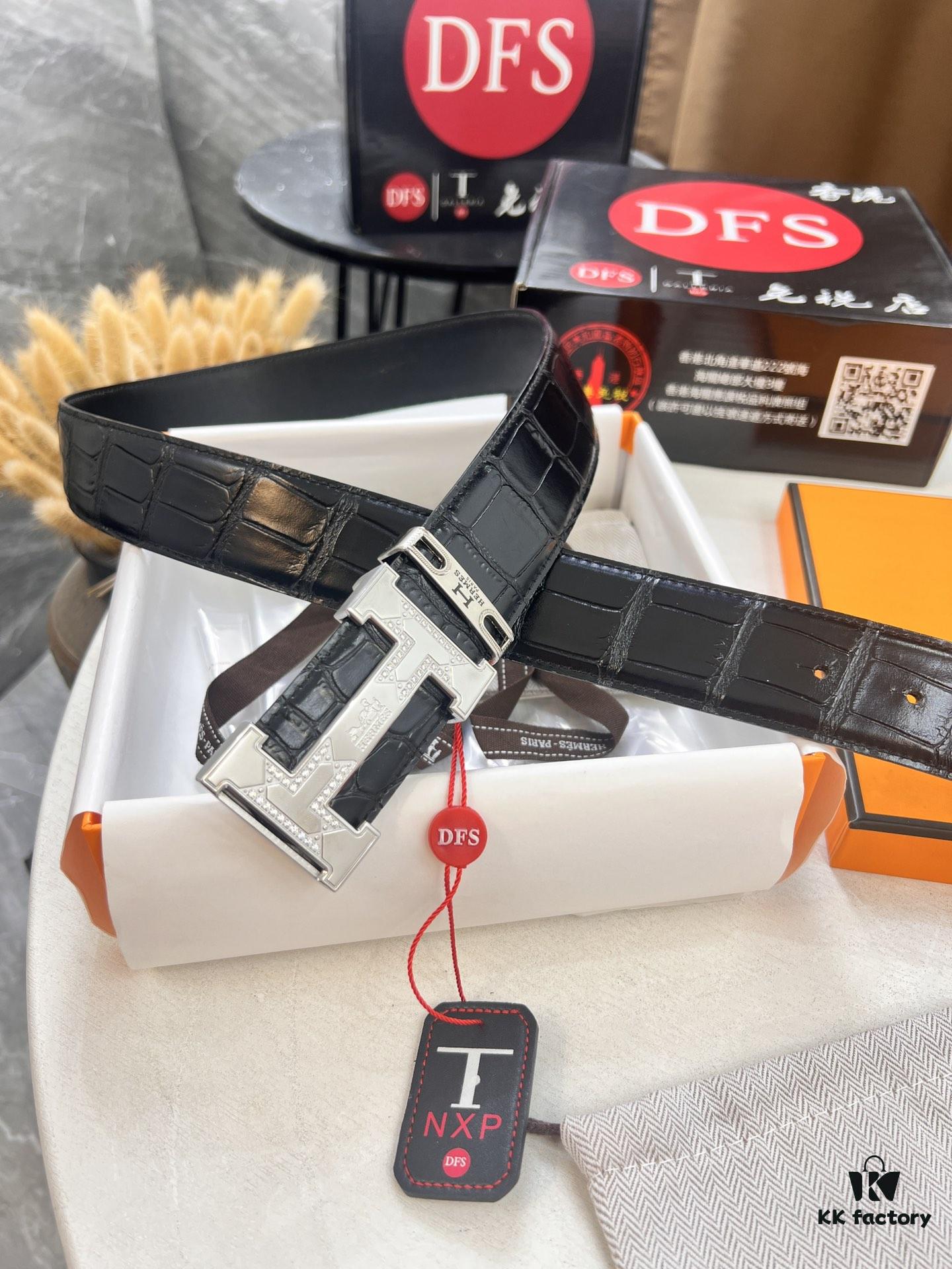 Hermès H Belt, Steel 'H' Buckle with Brick Inlay, Genuine Crocodile-Textured Top-Layer Calfskin, 3.8cm Width, Official Website Version, Includes NXP Anti-Counterfeit Chip