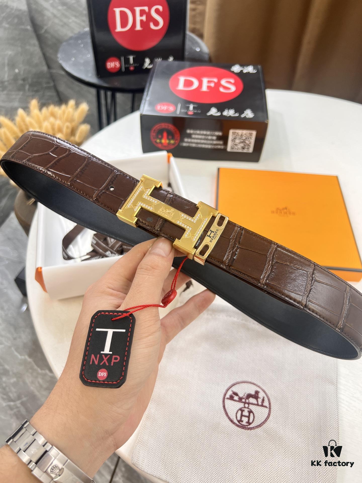 Hermès H Belt, Stainless Steel H Buckle with Paved Bricks, Genuine Crocodile-Textured Top Layer Calfskin Leather, 3.8cm Width, Official Website Model, High-Quality Replica with NXP Chip Authentication