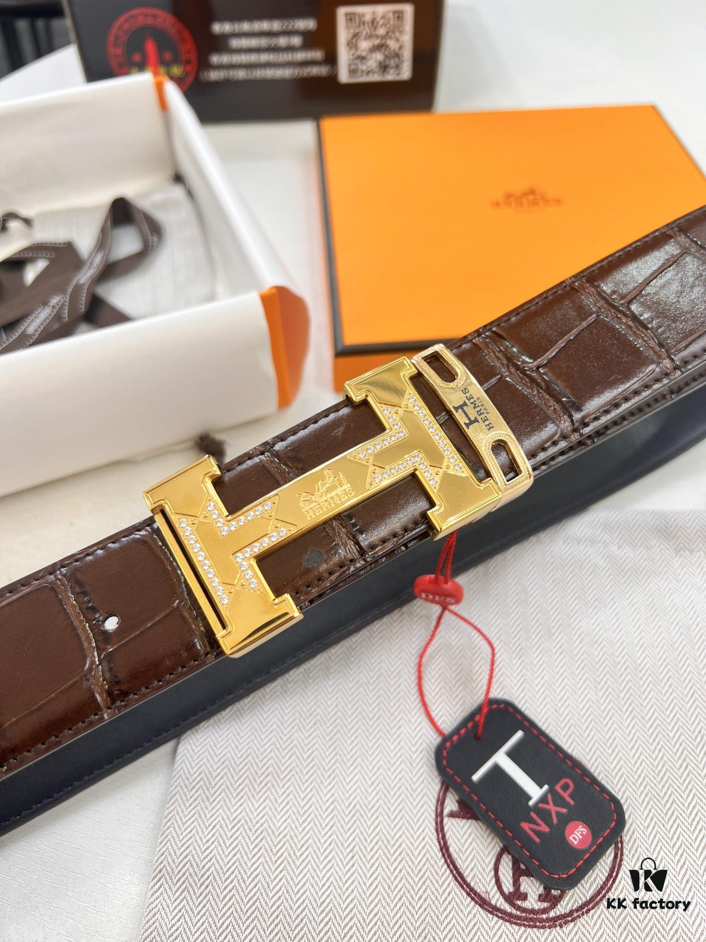 Hermès H Belt, Stainless Steel H Buckle with Paved Bricks, Genuine Crocodile-Textured Top Layer Calfskin Leather, 3.8cm Width, Official Website Model, High-Quality Replica with NXP Chip Authentication
