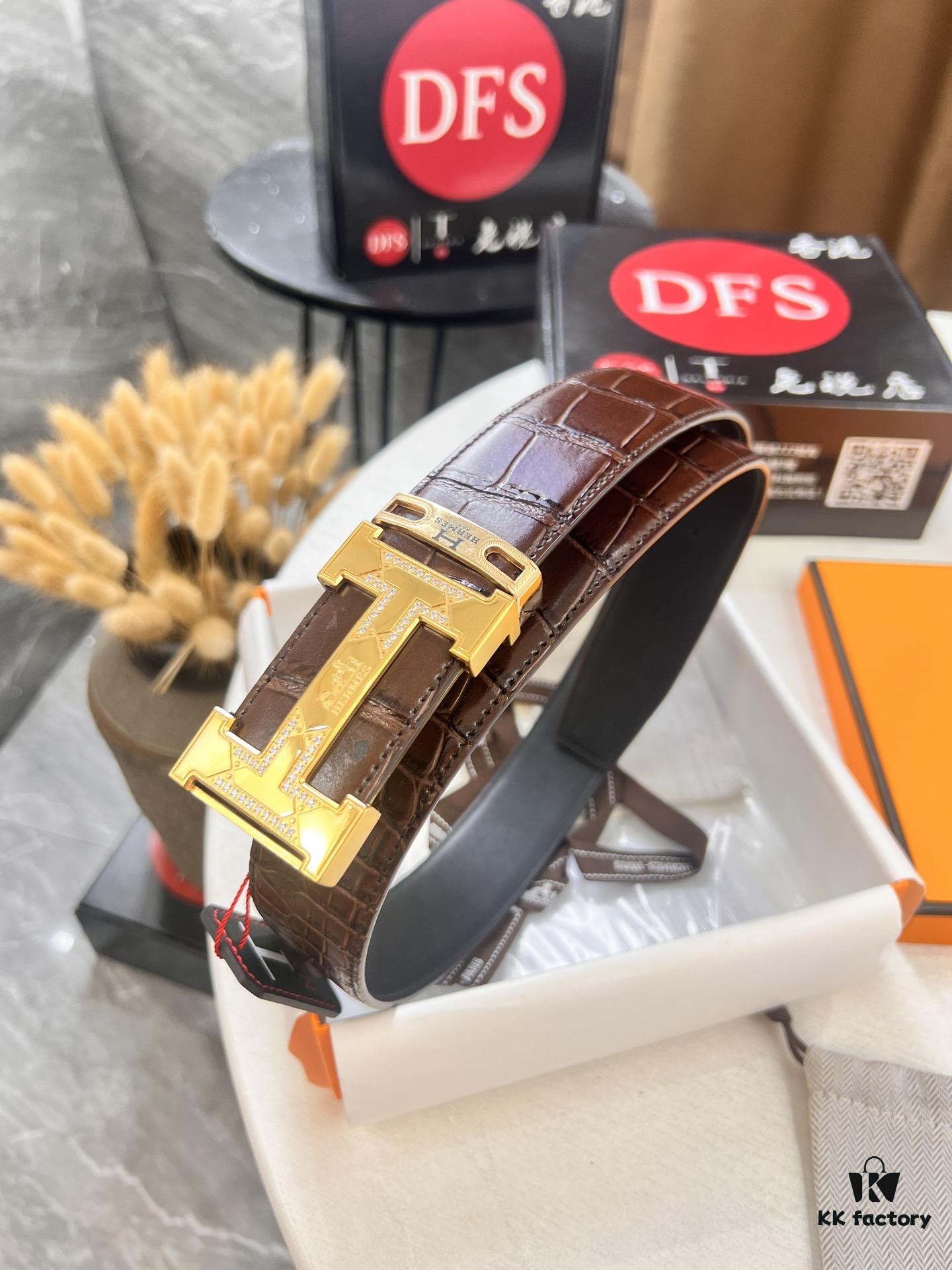 Hermès H Belt, Stainless Steel H Buckle with Paved Bricks, Genuine Crocodile-Textured Top Layer Calfskin Leather, 3.8cm Width, Official Website Model, High-Quality Replica with NXP Chip Authentication
