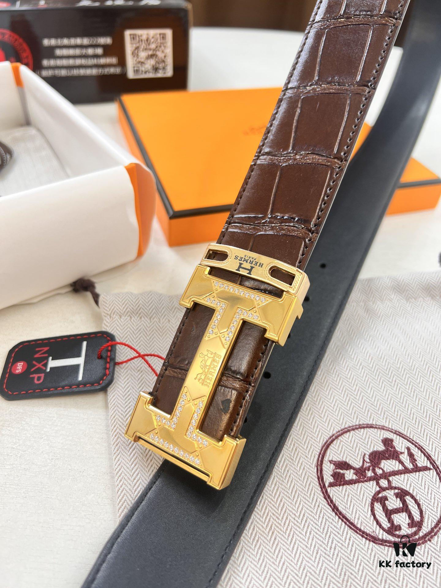 Hermès H Belt, Stainless Steel H Buckle with Paved Bricks, Genuine Crocodile-Textured Top Layer Calfskin Leather, 3.8cm Width, Official Website Model, High-Quality Replica with NXP Chip Authentication