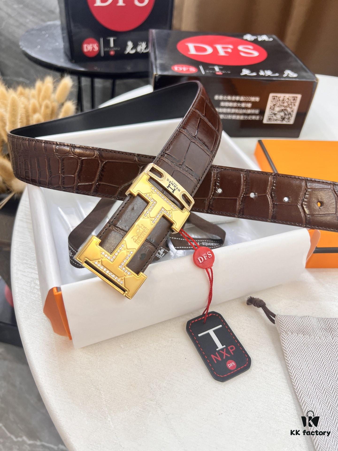 Hermès H Belt, Stainless Steel H Buckle with Paved Bricks, Genuine Crocodile-Textured Top Layer Calfskin Leather, 3.8cm Width, Official Website Model, High-Quality Replica with NXP Chip Authentication