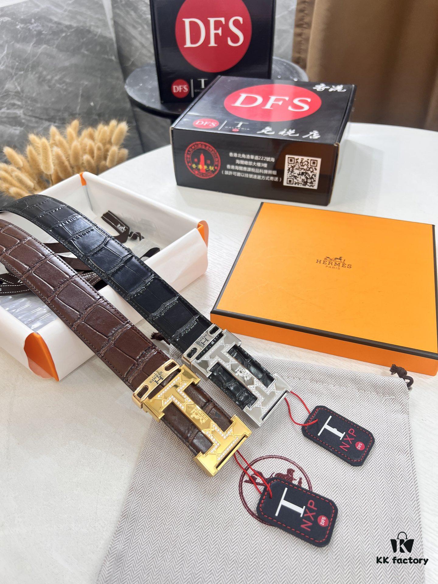 Hermès H Belt, Stainless Steel H Buckle with Paved Bricks, Genuine Crocodile-Textured Top Layer Calfskin Leather, 3.8cm Width, Official Website Model, High-Quality Replica with NXP Chip Authentication