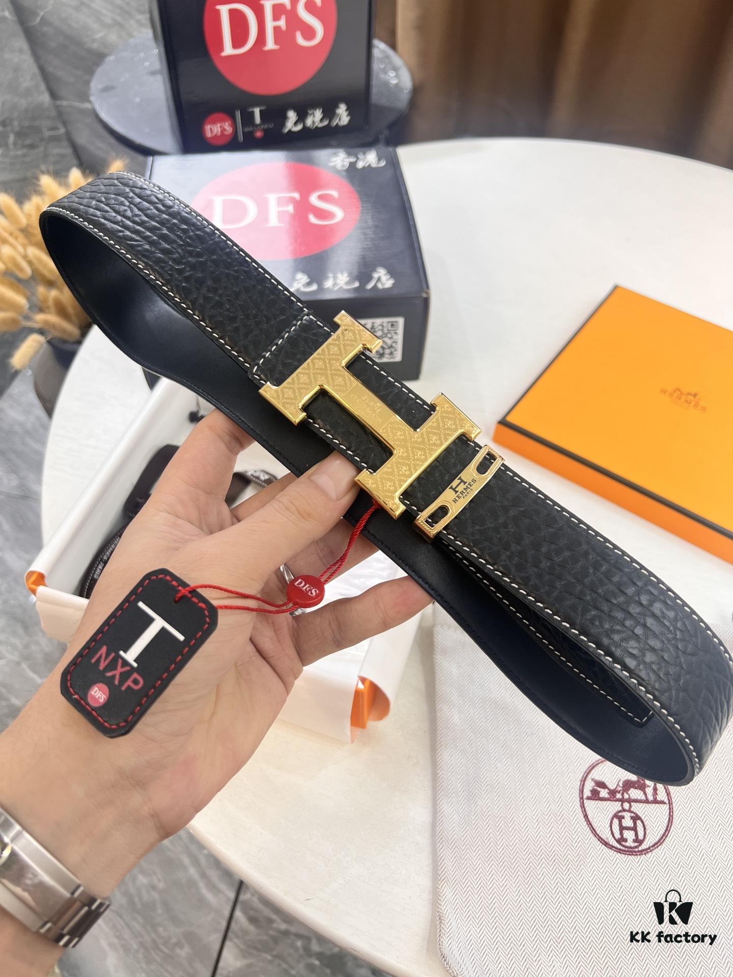 Arrival of Hermès Men's Belt, New H-Letter Interior Buckle, Dual-Sided Use, Imported Elephant Grain Full-Grain Calfskin, 3.8cm Width, Top Quality with NXP Chip Anti-Counterfeit Packaging