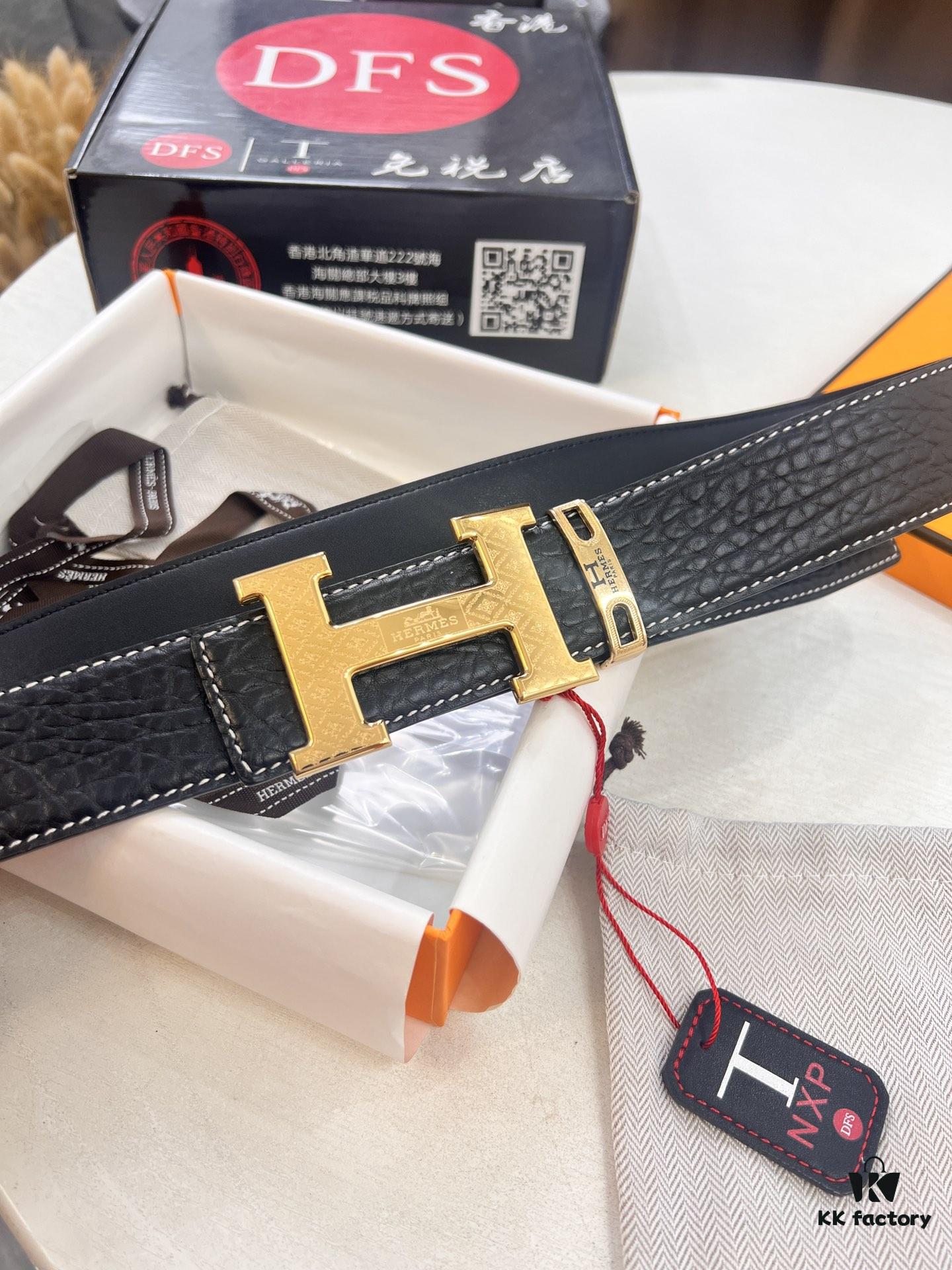 Arrival of Hermès Men's Belt, New H-Letter Interior Buckle, Dual-Sided Use, Imported Elephant Grain Full-Grain Calfskin, 3.8cm Width, Top Quality with NXP Chip Anti-Counterfeit Packaging