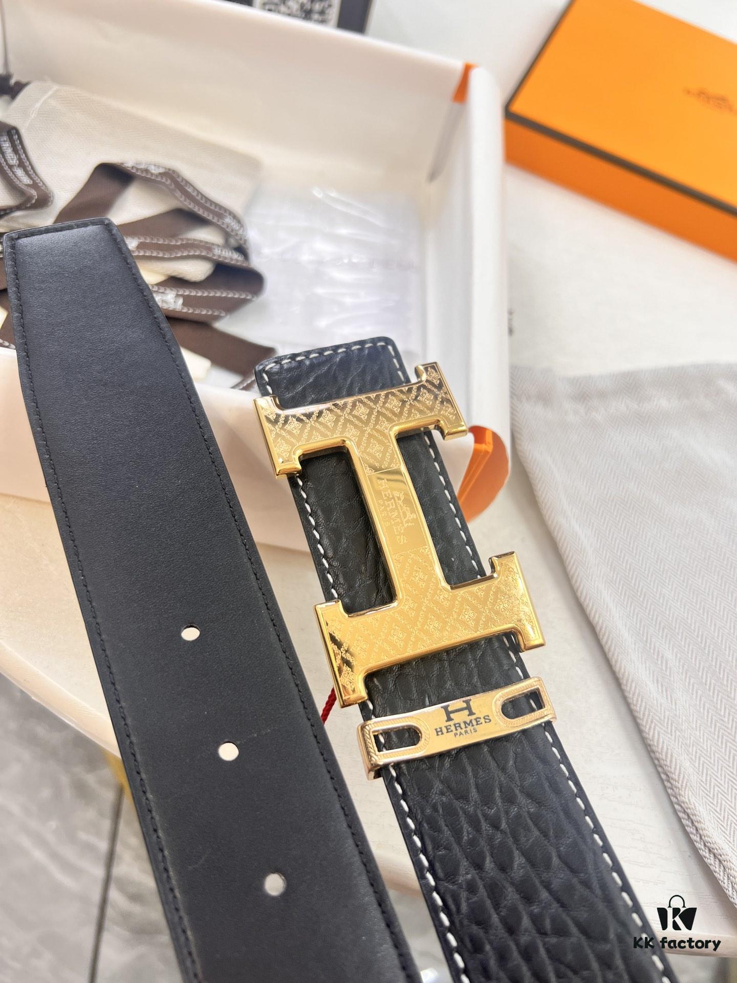 Arrival of Hermès Men's Belt, New H-Letter Interior Buckle, Dual-Sided Use, Imported Elephant Grain Full-Grain Calfskin, 3.8cm Width, Top Quality with NXP Chip Anti-Counterfeit Packaging