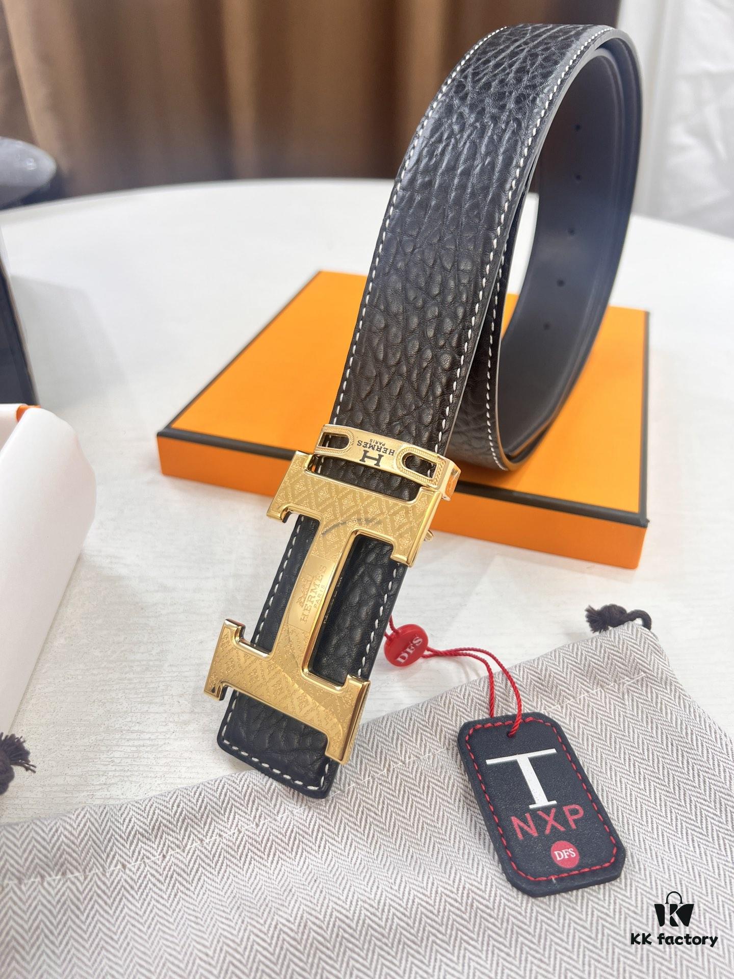 Arrival of Hermès Men's Belt, New H-Letter Interior Buckle, Dual-Sided Use, Imported Elephant Grain Full-Grain Calfskin, 3.8cm Width, Top Quality with NXP Chip Anti-Counterfeit Packaging