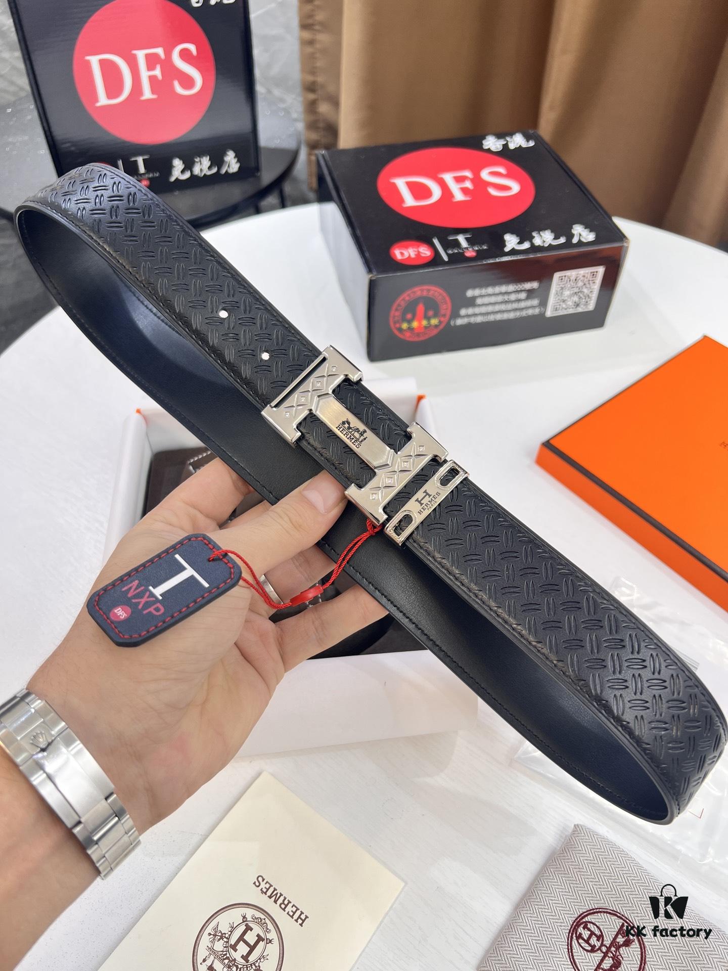 Hermes H Belt, Inlaid Brick Stainless Steel H Buckle, Imported Grain Top Layer Cowhide, 3.8cm Width, High-Quality Replica with NXP Chip Authentication