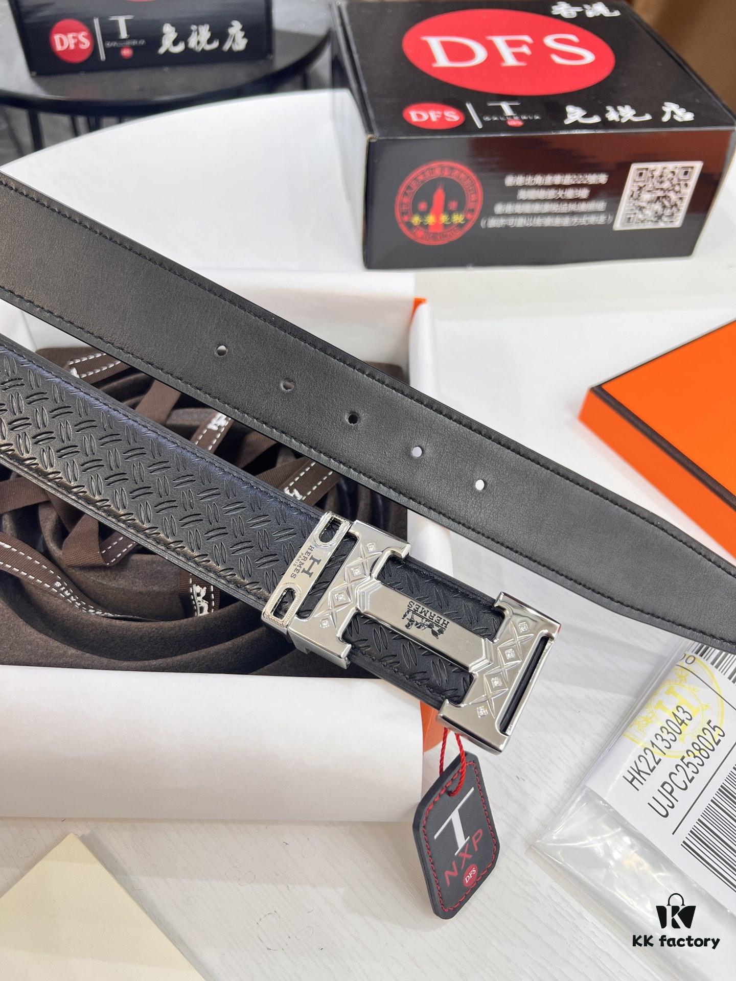 Hermes H Belt, Inlaid Brick Stainless Steel H Buckle, Imported Grain Top Layer Cowhide, 3.8cm Width, High-Quality Replica with NXP Chip Authentication