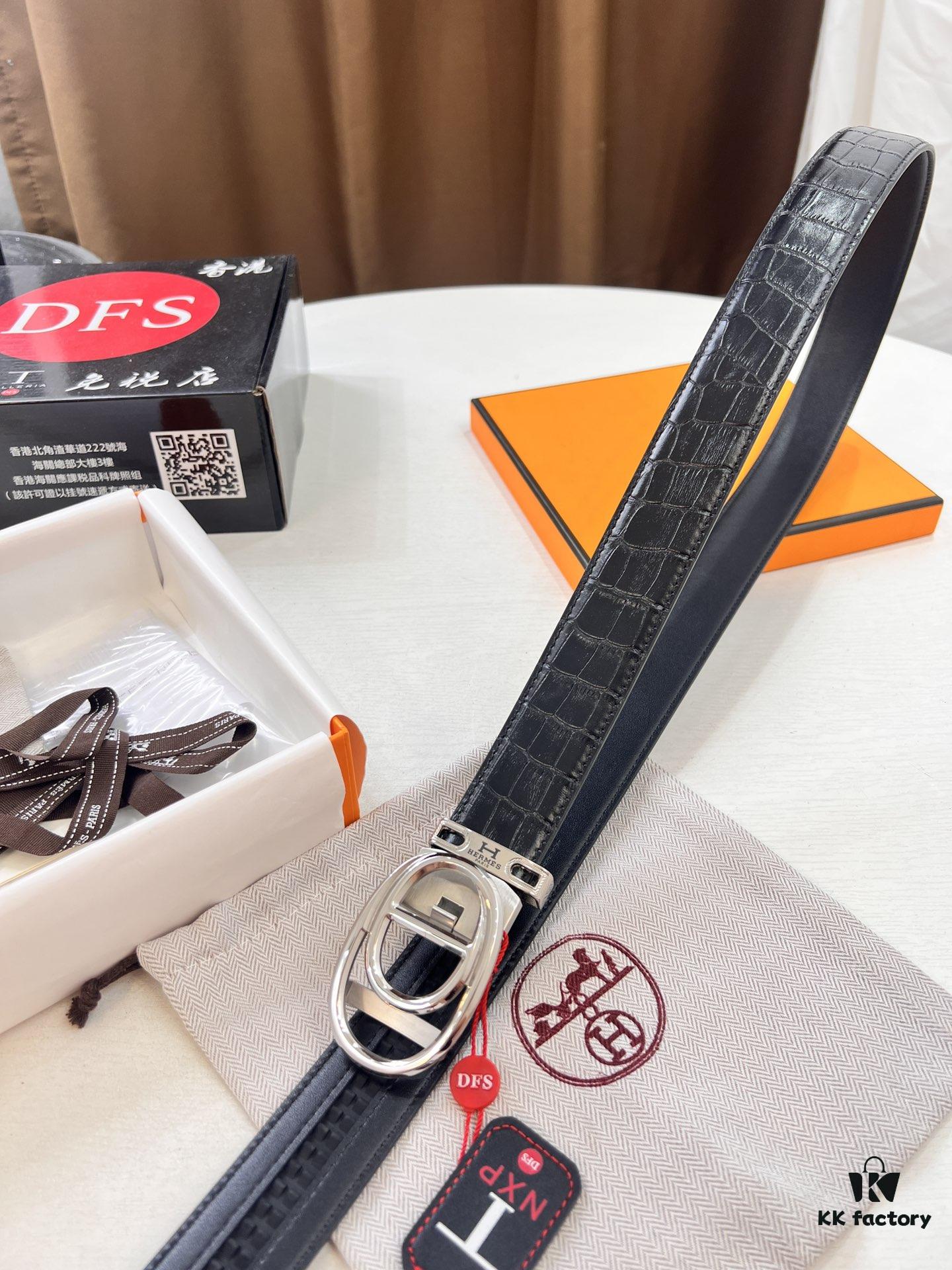 Hermès HH Original Factory Direct Order Belt - Italian Imported Crocodile Grain Top Layer Leather, Automatic Buckle, 3.5cm Width