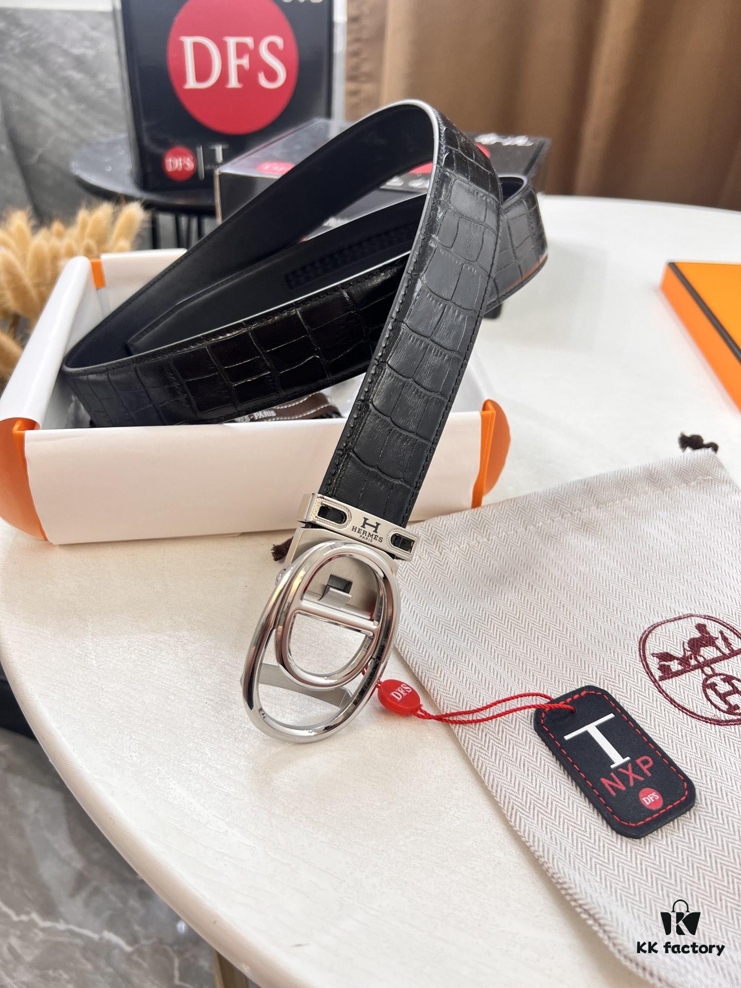 Hermès HH Original Factory Direct Order Belt - Italian Imported Crocodile Grain Top Layer Leather, Automatic Buckle, 3.5cm Width