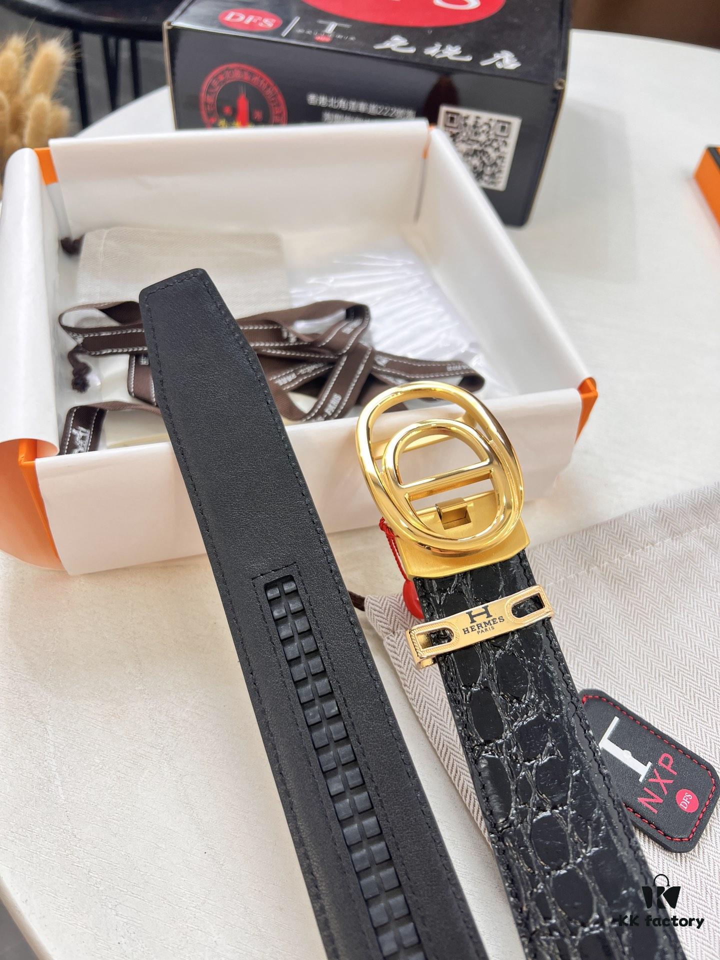 Hermès HH Original Factory Order, Hong Kong Duty-Free Gift Box (NXP RFID Tag Verifiable on Official Website, Authentic Anti-Counterfeit Chip), Italian Custom Imported Top-Layer Crocodile-Textured Calfskin, Automatic Sliding Buckle, Smooth Grain Calfskin Strap, Fashion Runway Style, Top-Tier Duty-Free Purchase Level, Comparable to Genuine, 3.5cm Width, Guaranteed Quality