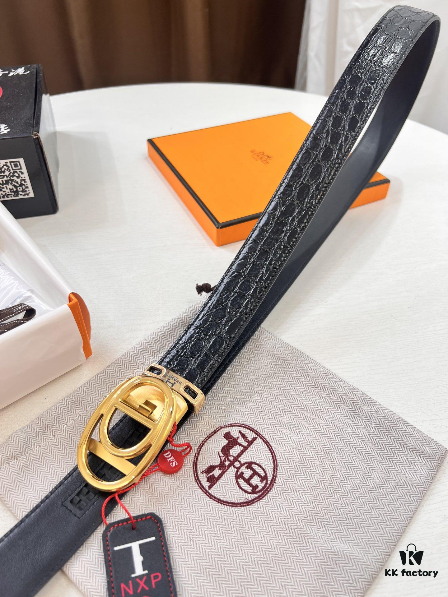 Hermès HH Original Factory Order, Hong Kong Duty-Free Gift Box (NXP RFID Tag Verifiable on Official Website, Authentic Anti-Counterfeit Chip), Italian Custom Imported Top-Layer Crocodile-Textured Calfskin, Automatic Sliding Buckle, Smooth Grain Calfskin Strap, Fashion Runway Style, Top-Tier Duty-Free Purchase Level, Comparable to Genuine, 3.5cm Width, Guaranteed Quality