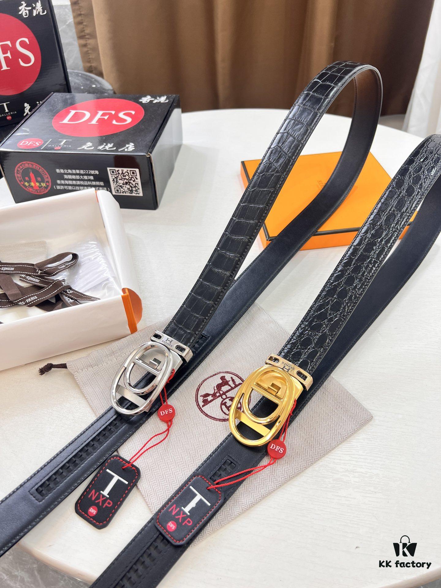 Hermès HH Original Factory Order, Hong Kong Duty-Free Gift Box (NXP RFID Tag Verifiable on Official Website, Authentic Anti-Counterfeit Chip), Italian Custom Imported Top-Layer Crocodile-Textured Calfskin, Automatic Sliding Buckle, Smooth Grain Calfskin Strap, Fashion Runway Style, Top-Tier Duty-Free Purchase Level, Comparable to Genuine, 3.5cm Width, Guaranteed Quality