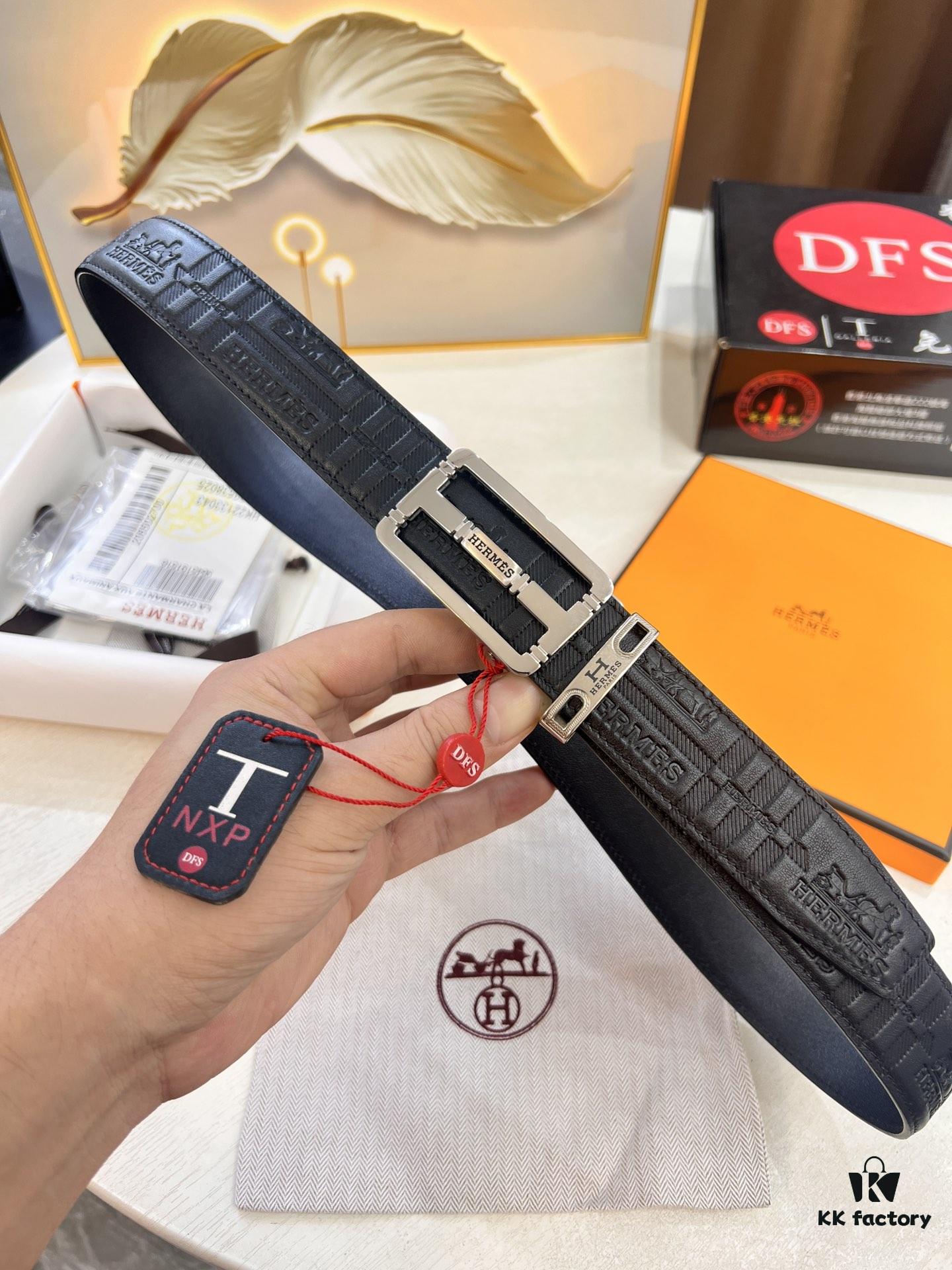 Hermès HH Original Factory Order Boxer Shorts - Italian Imported Full-Grain Calfskin with Embossed Pattern, Automatic Buckle, 3.5cm Width, Luxury Duty-Free Level