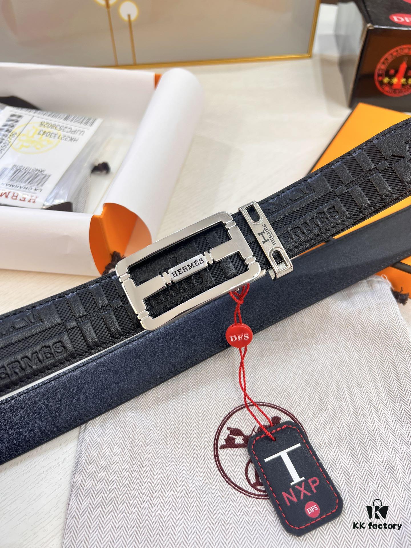 Hermès HH Original Factory Order Boxer Shorts - Italian Imported Full-Grain Calfskin with Embossed Pattern, Automatic Buckle, 3.5cm Width, Luxury Duty-Free Level